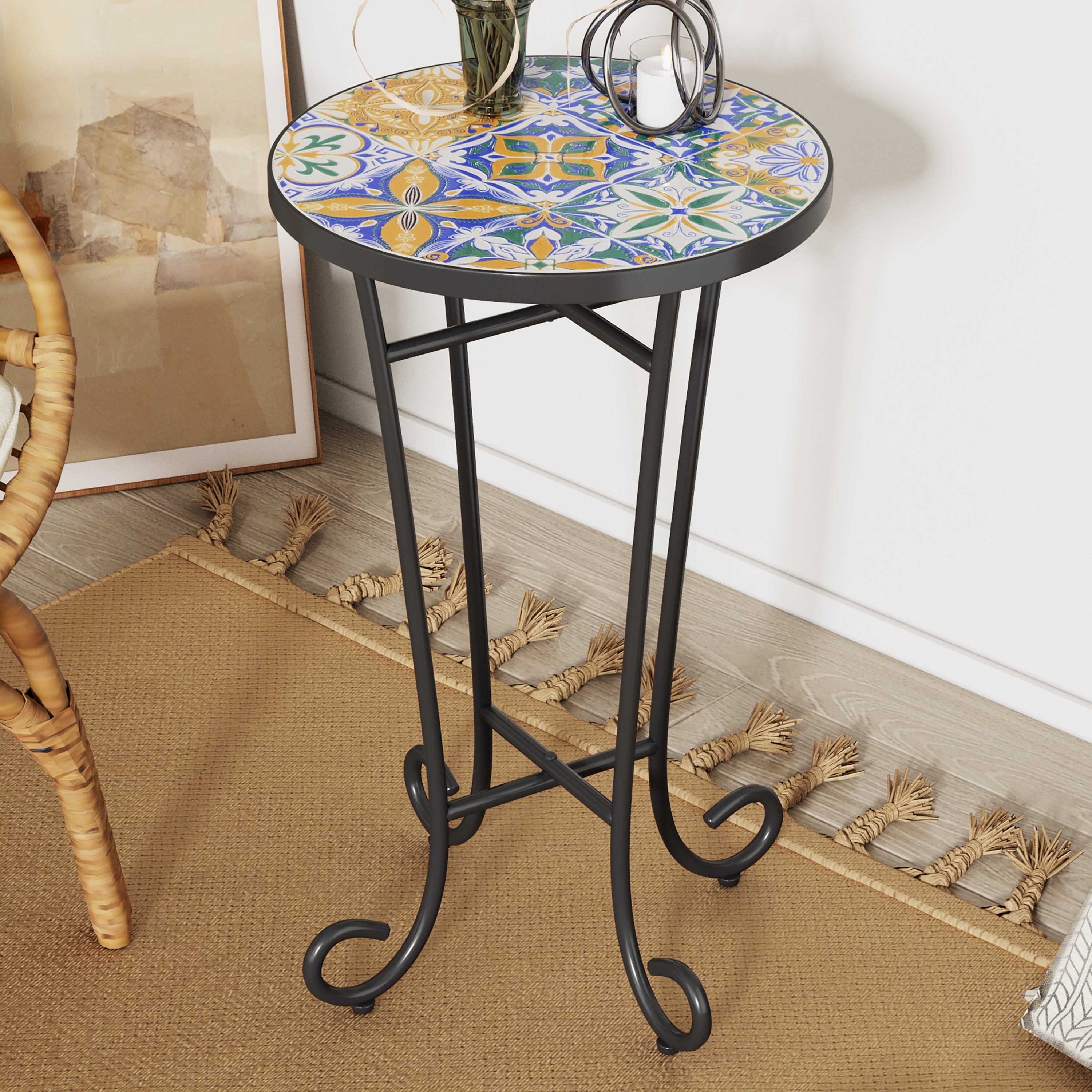 Warmthly Outdoor Round Side Table with Vibrant Tile Top and Elegant Scrolling Legs