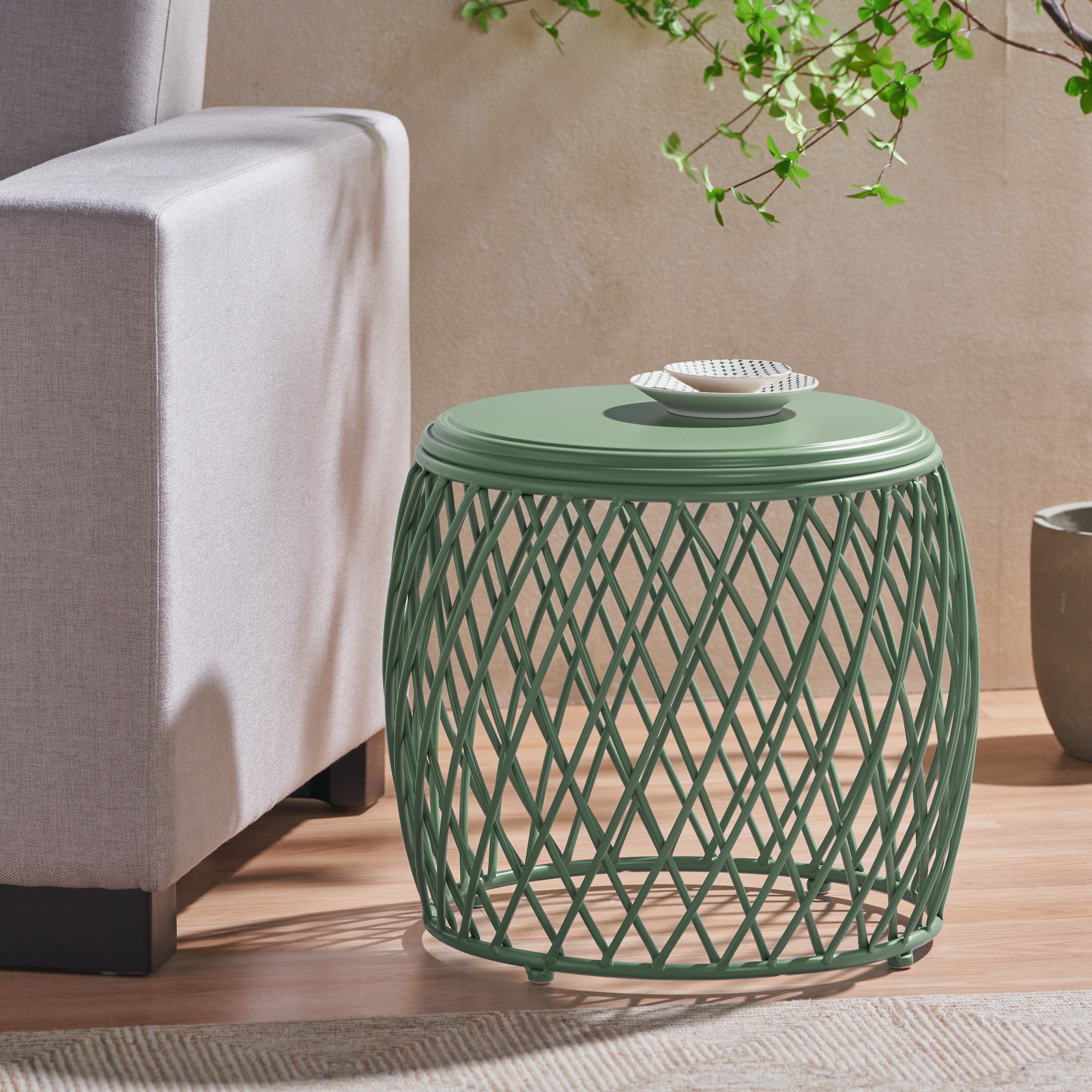 Coveted 19.75" Outdoor Cylindrical Iron Side Table with Lattice Design