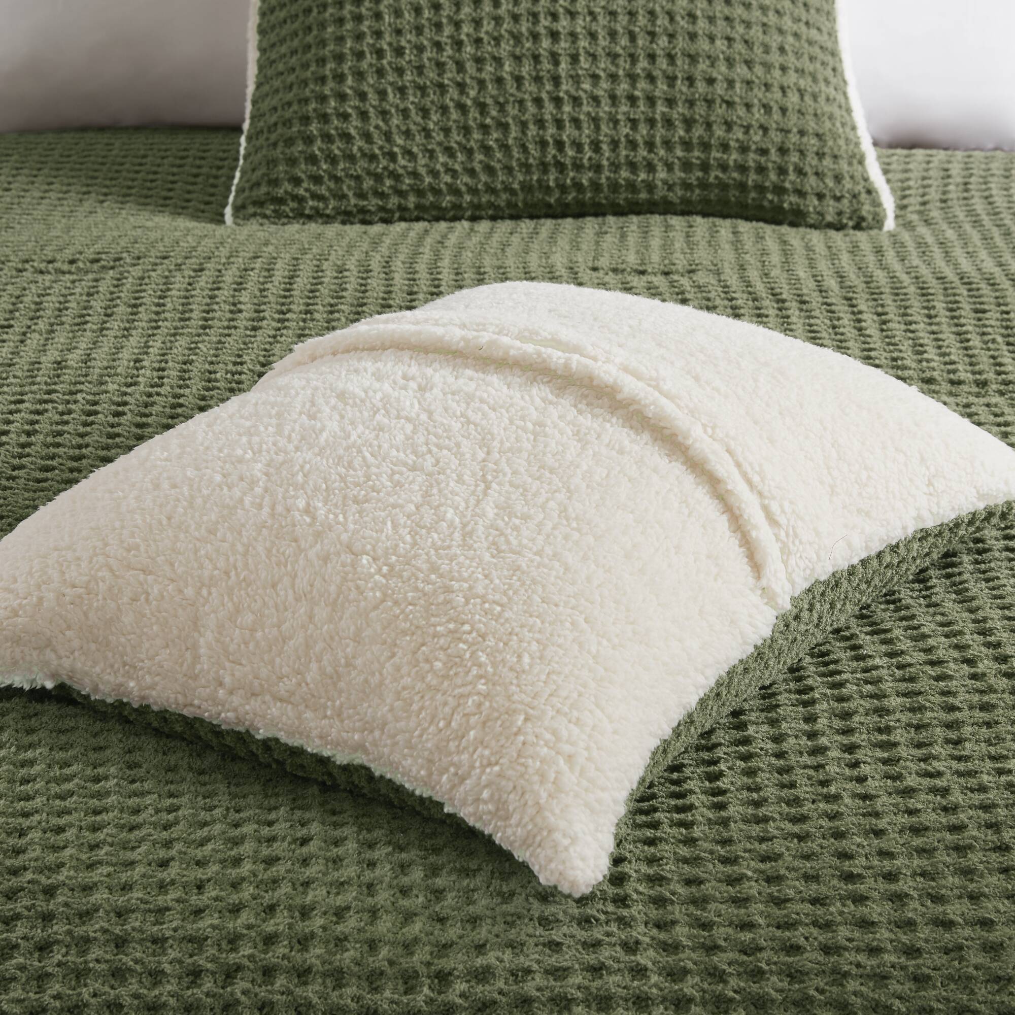 2 Piece Olive Waffle Knit Chenille Comforter Set