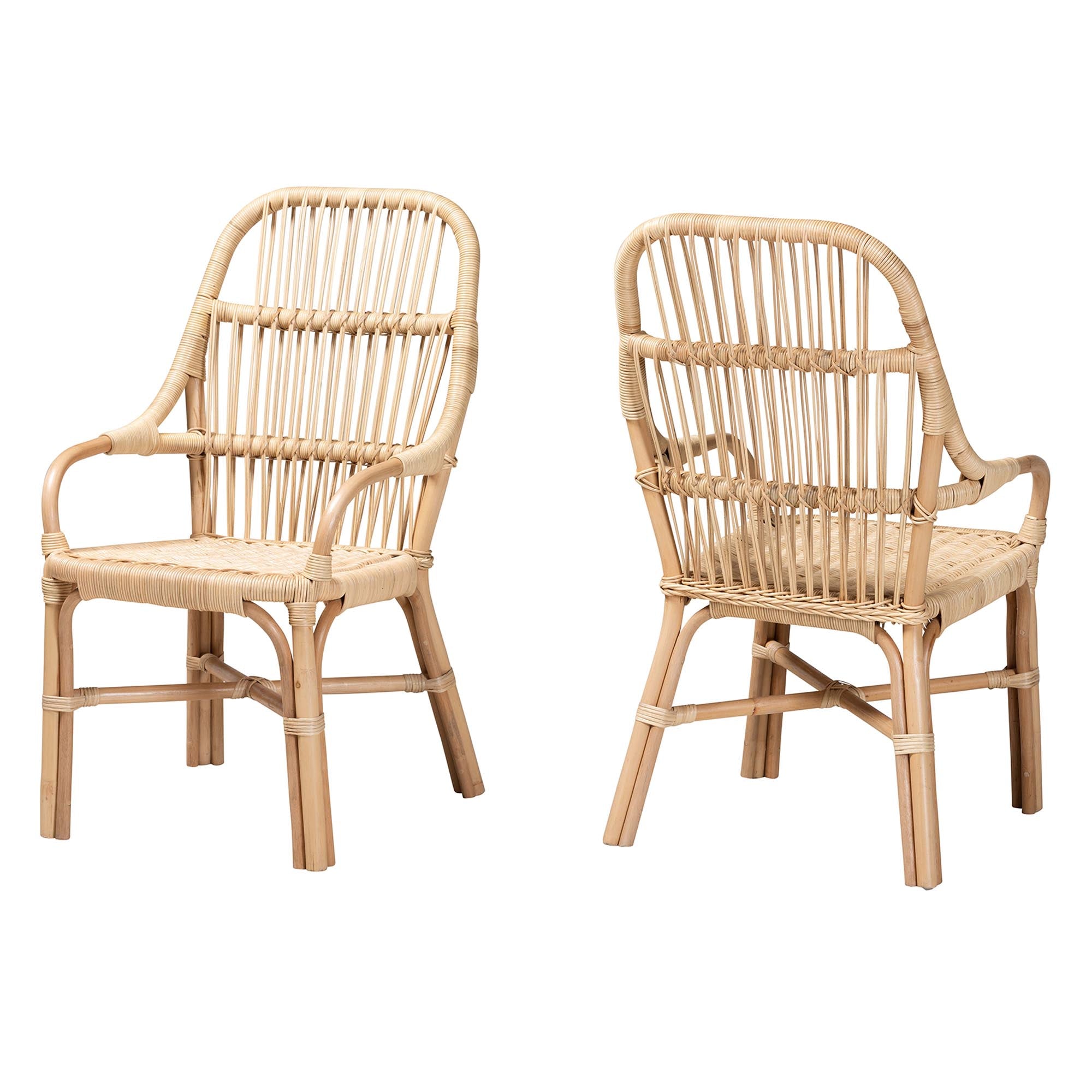 Sumatera Modern Bohemian Natural Brown Rattan Dining Chair, Set of 2