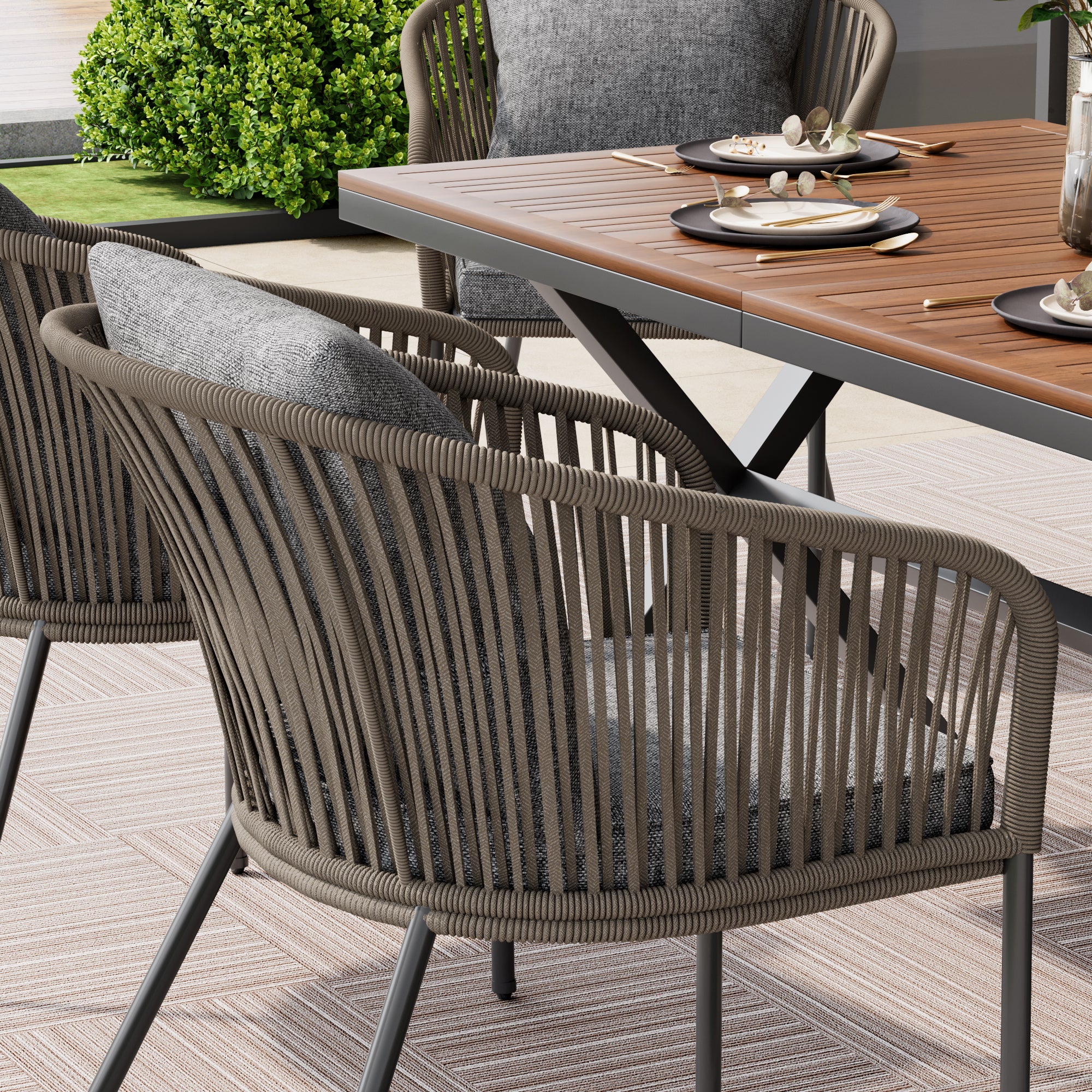 Exalted 7-Piece Outdoor Dining Set with Curved Back Chair and Rectangle Table