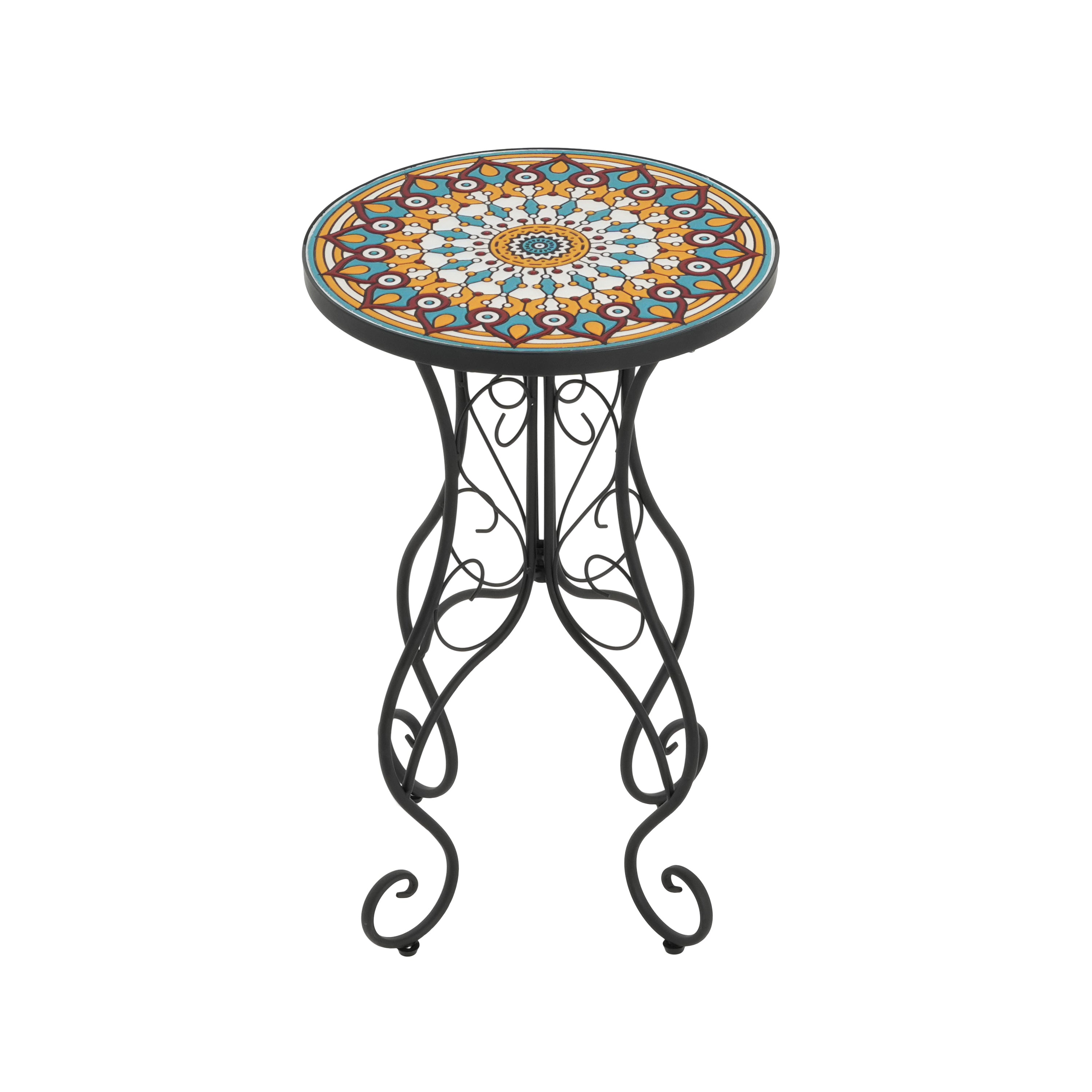 Unending Outdoor Ceramic Tile Side Table with Medallion Design