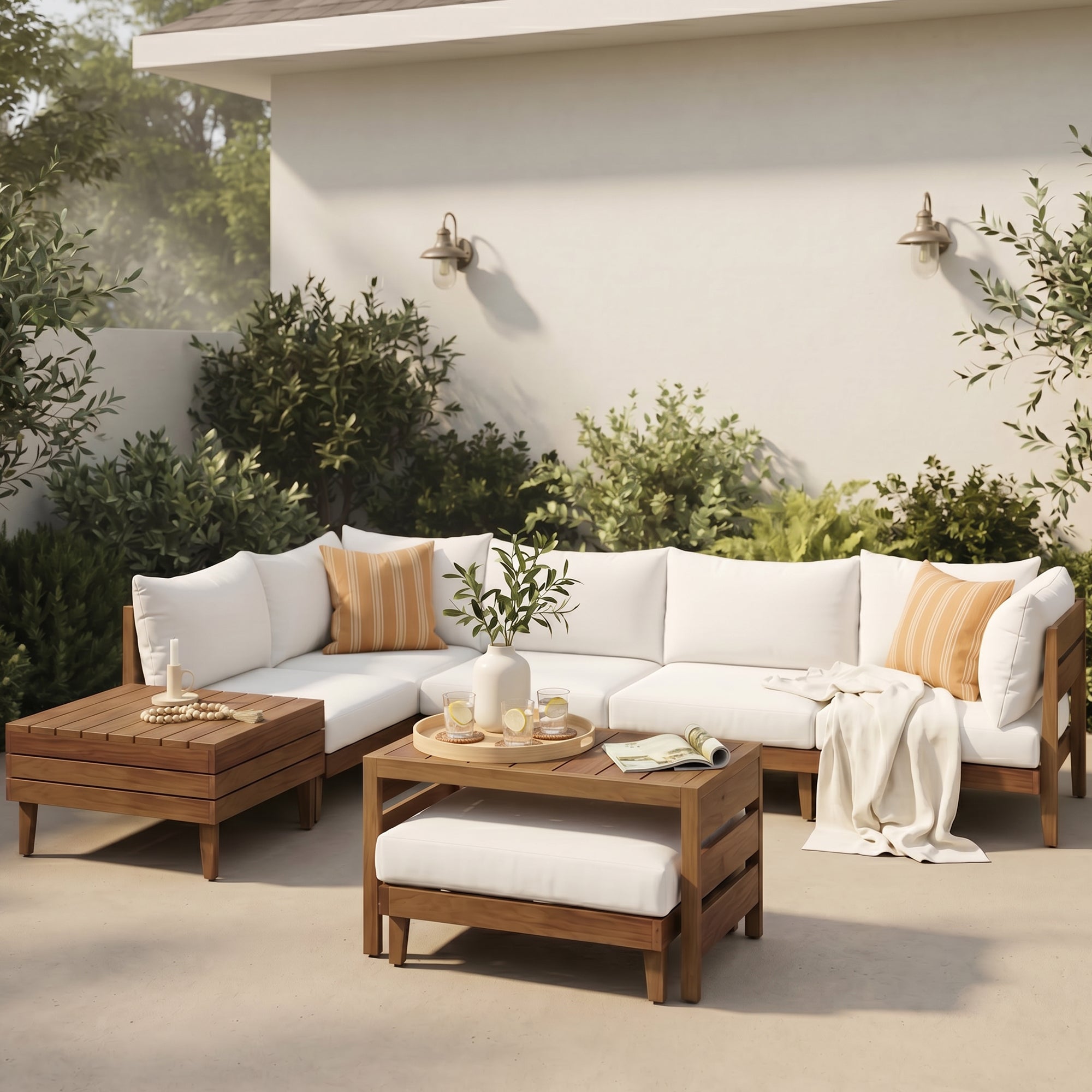 8-Piece Acacia Wood Outdoor Patio Sofa Set, Modular Sectional Furniture Set With Storage Tea Table, Coffee Table And Cushions