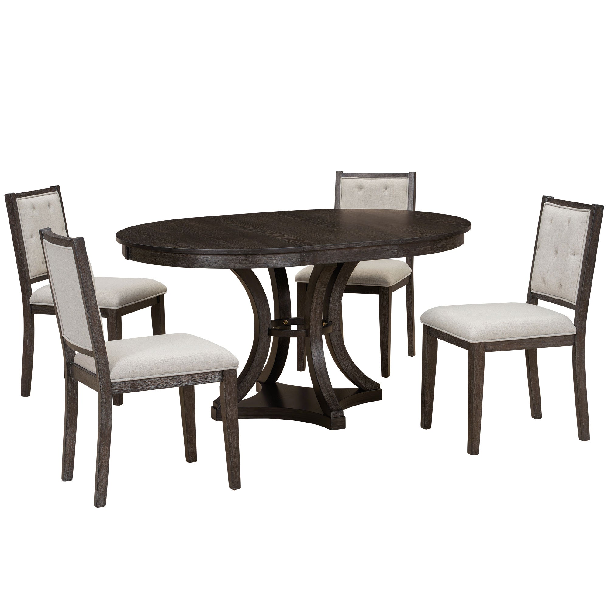Retro Round Dining Table Set with Extendable Round Table and 4 Upholstered Chairs