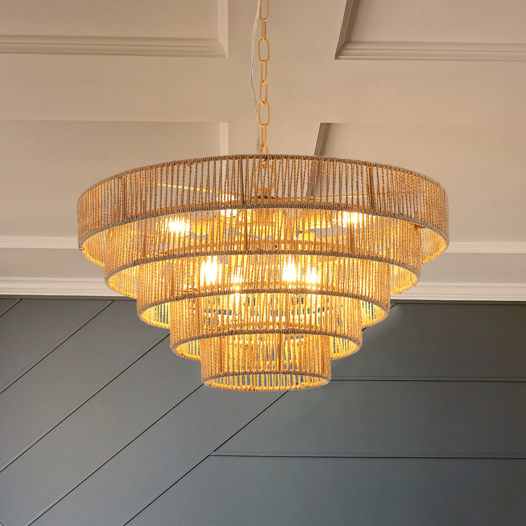 5-Tier Rattan Pendant Light with Round Metal Frame