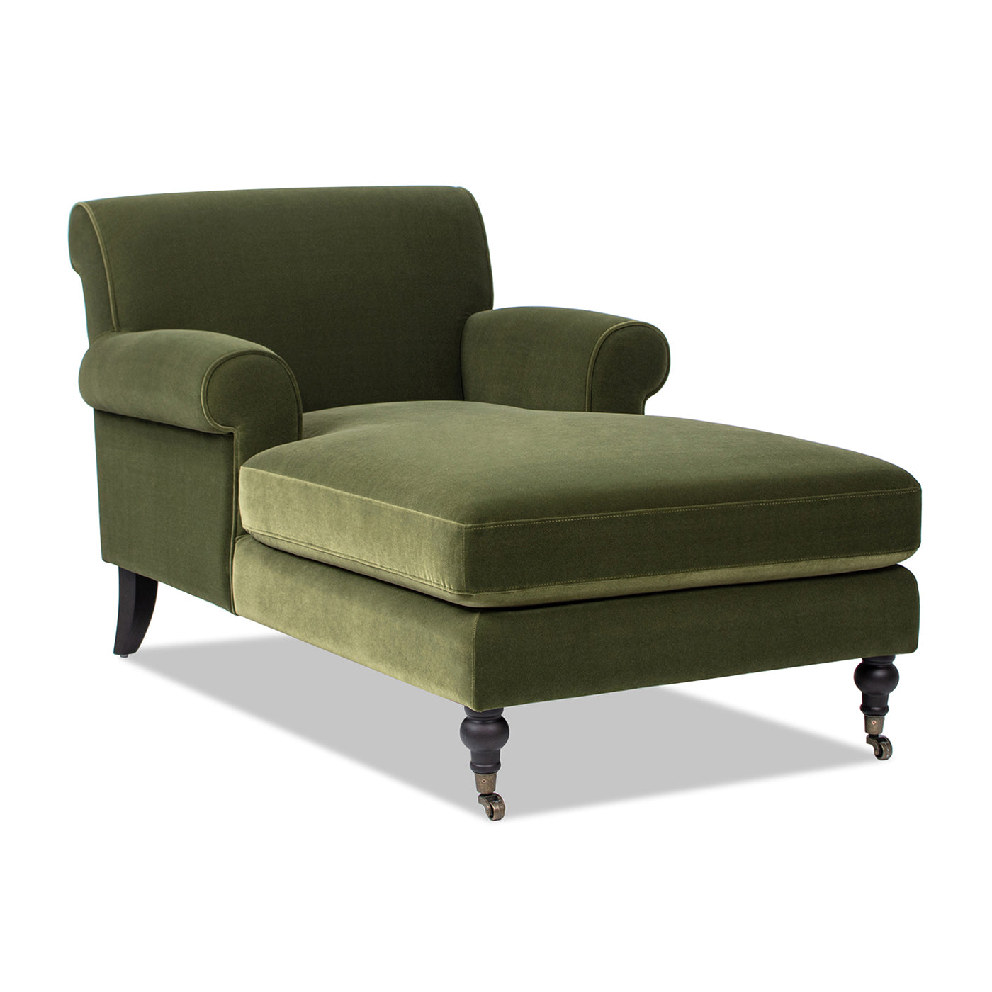 Velvet Chaise Lounge with Metal Caster and Rolled Arms