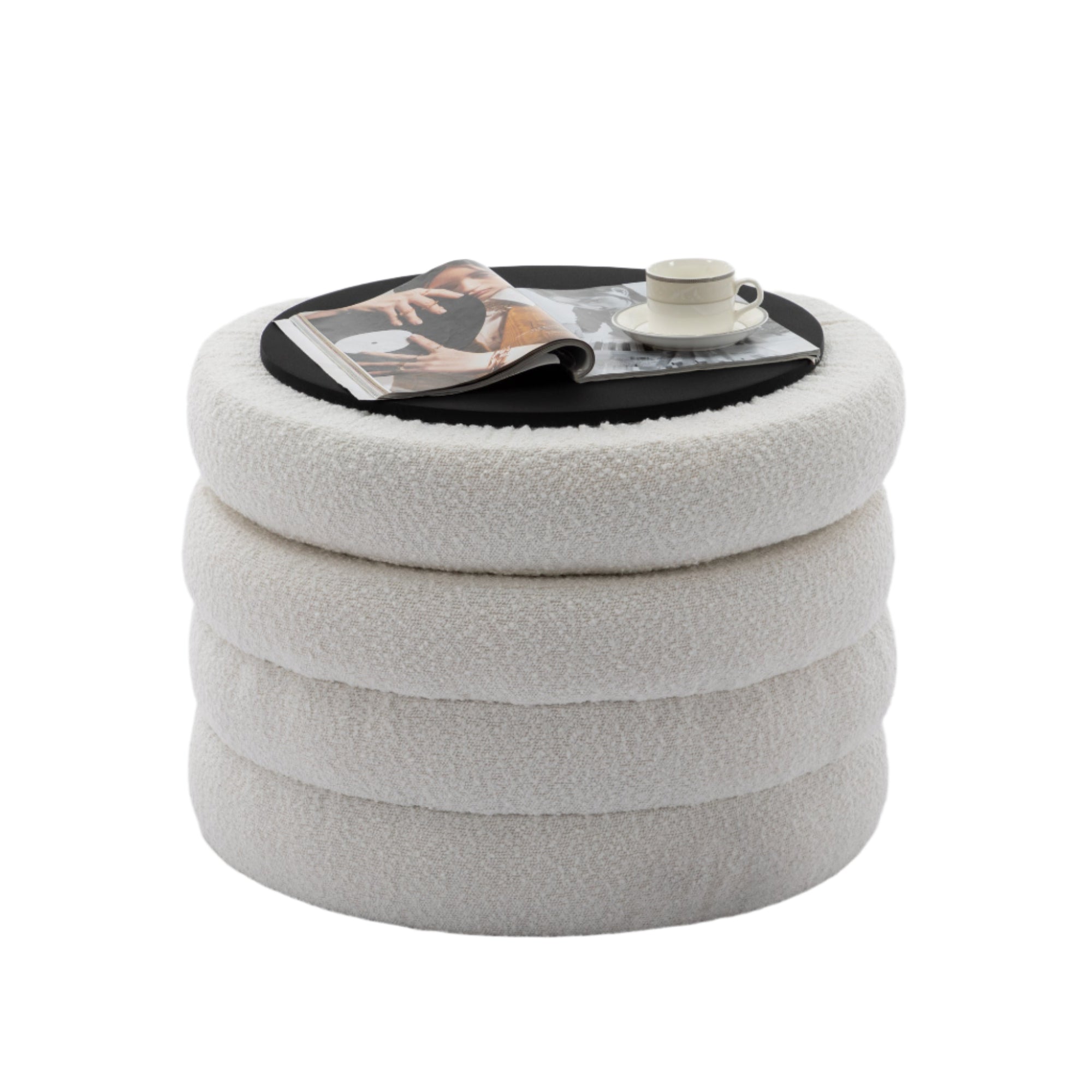 Boucle Storage Round Ottoman Footstool With Wooden Shelving