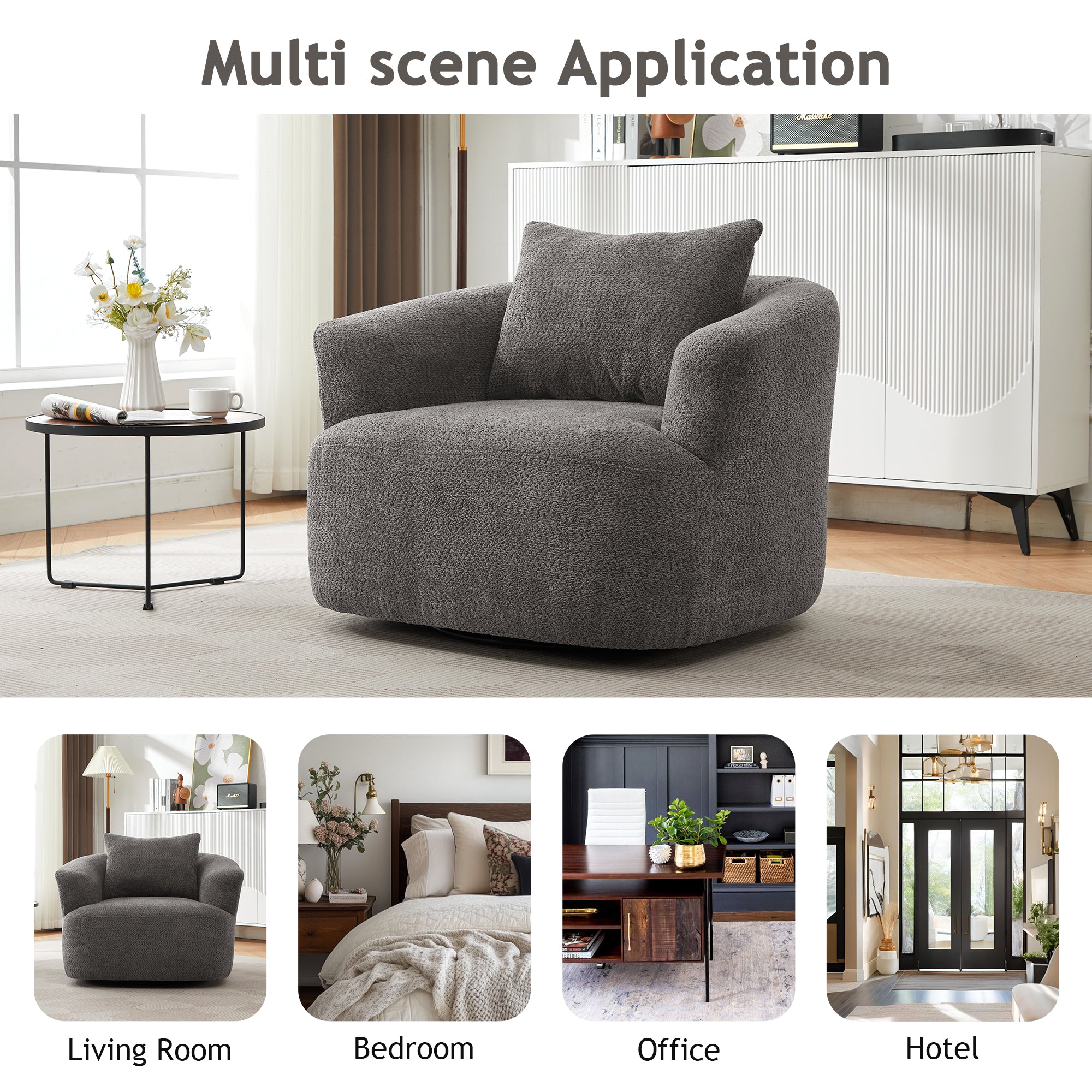 360° Swivel Barrel Chenille Upholstered Accent Chair with Throw Pillow