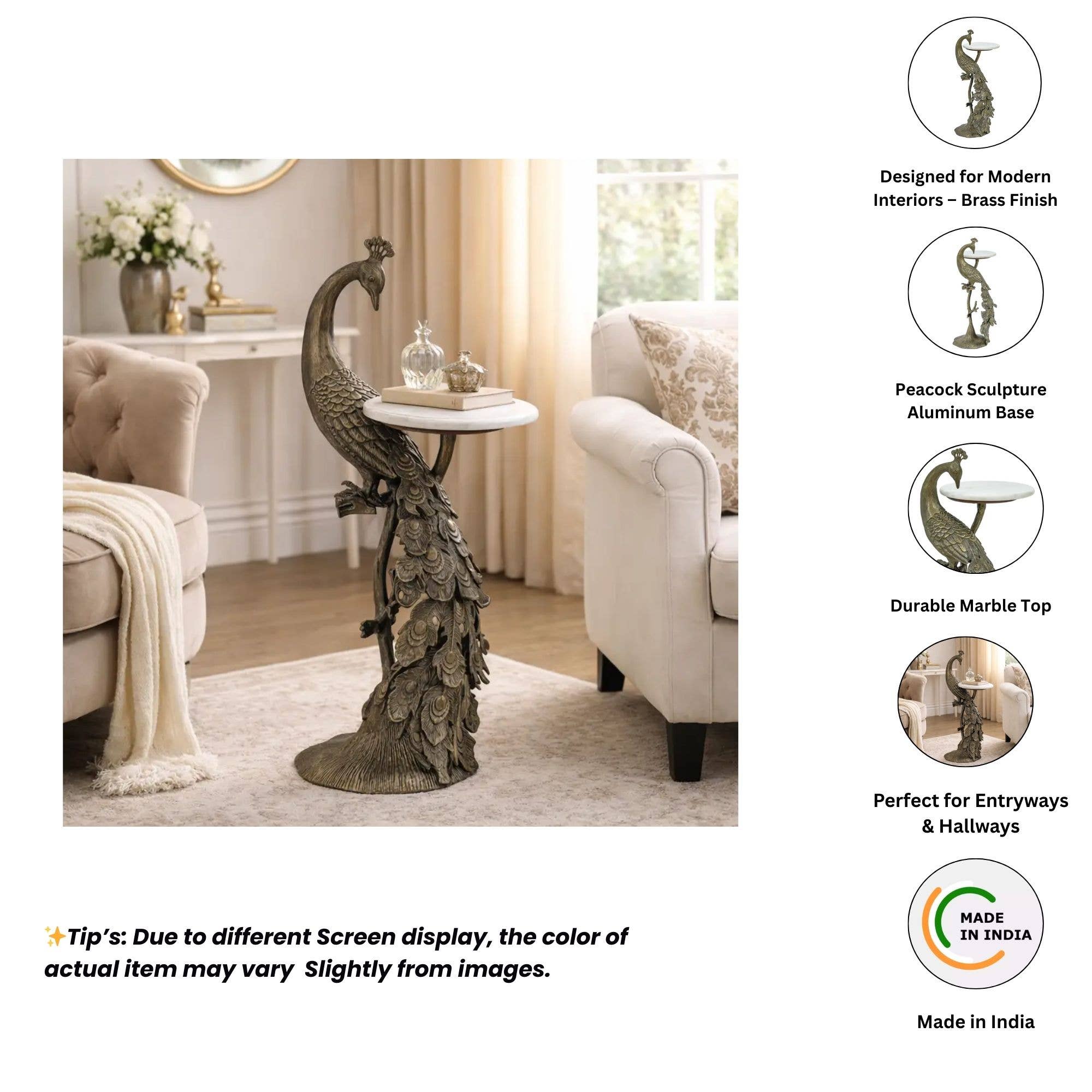 Peacock Brass Antique Side Table with Marble Top