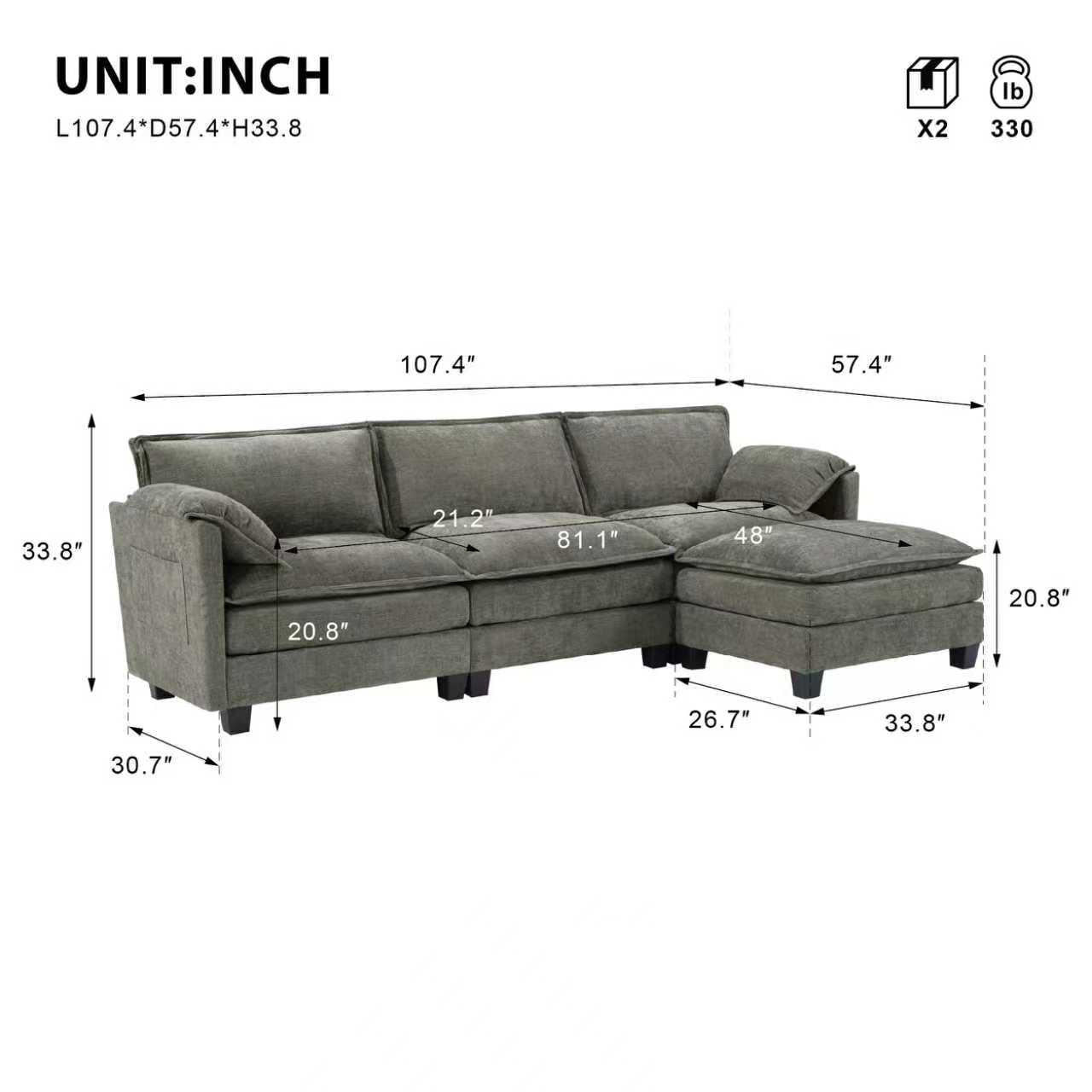 L-Shaped Corduroy Corner Sofa with Storage Armrest Cushions