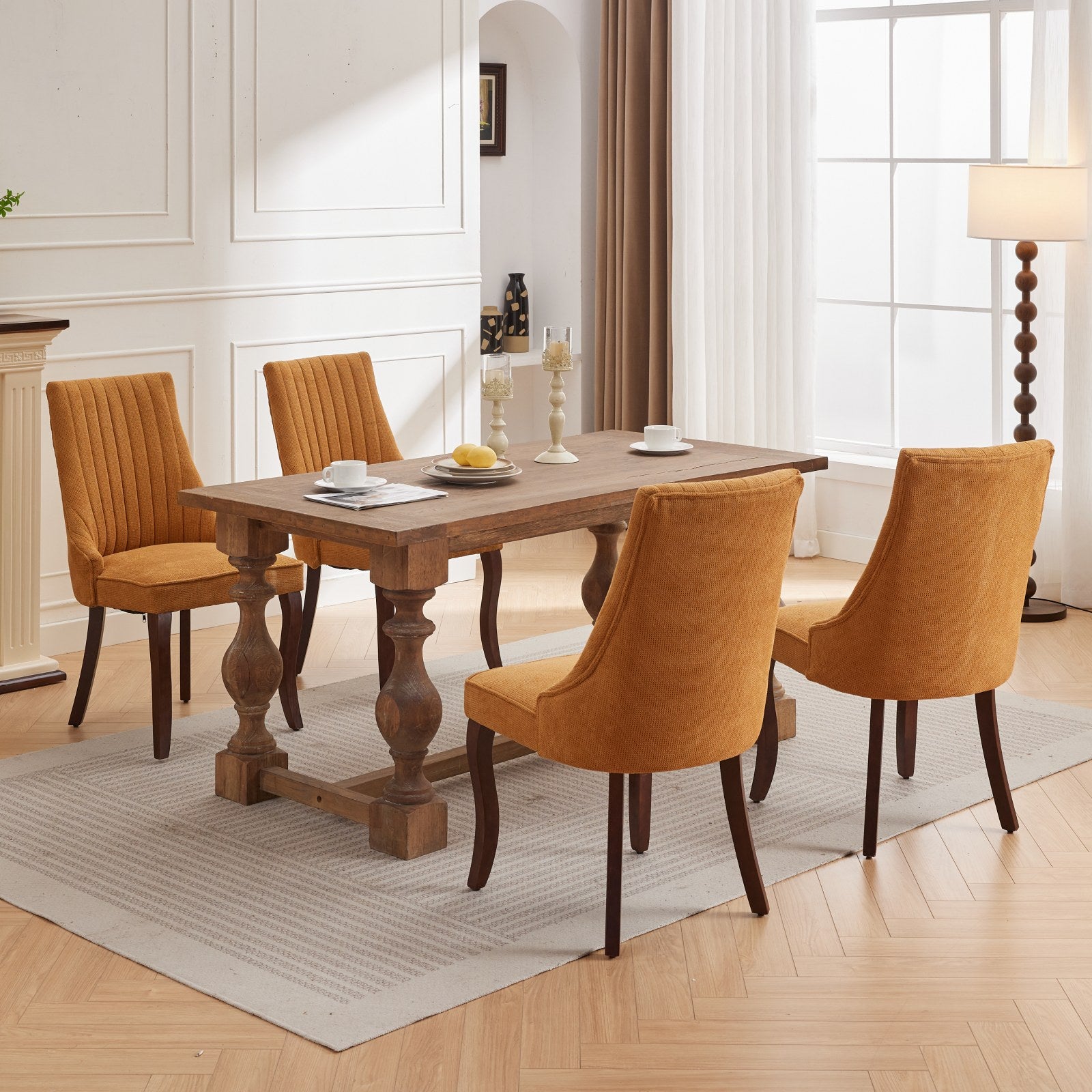 Rayon Cloth Flocking Linen Dining Chairs Channel Kitchen Dinner Chair Comfy Fabric Upholstered Accent Chair for Dining Room with Curved Solid Wood Legs,Set of 2 (Gold), SW1847GL