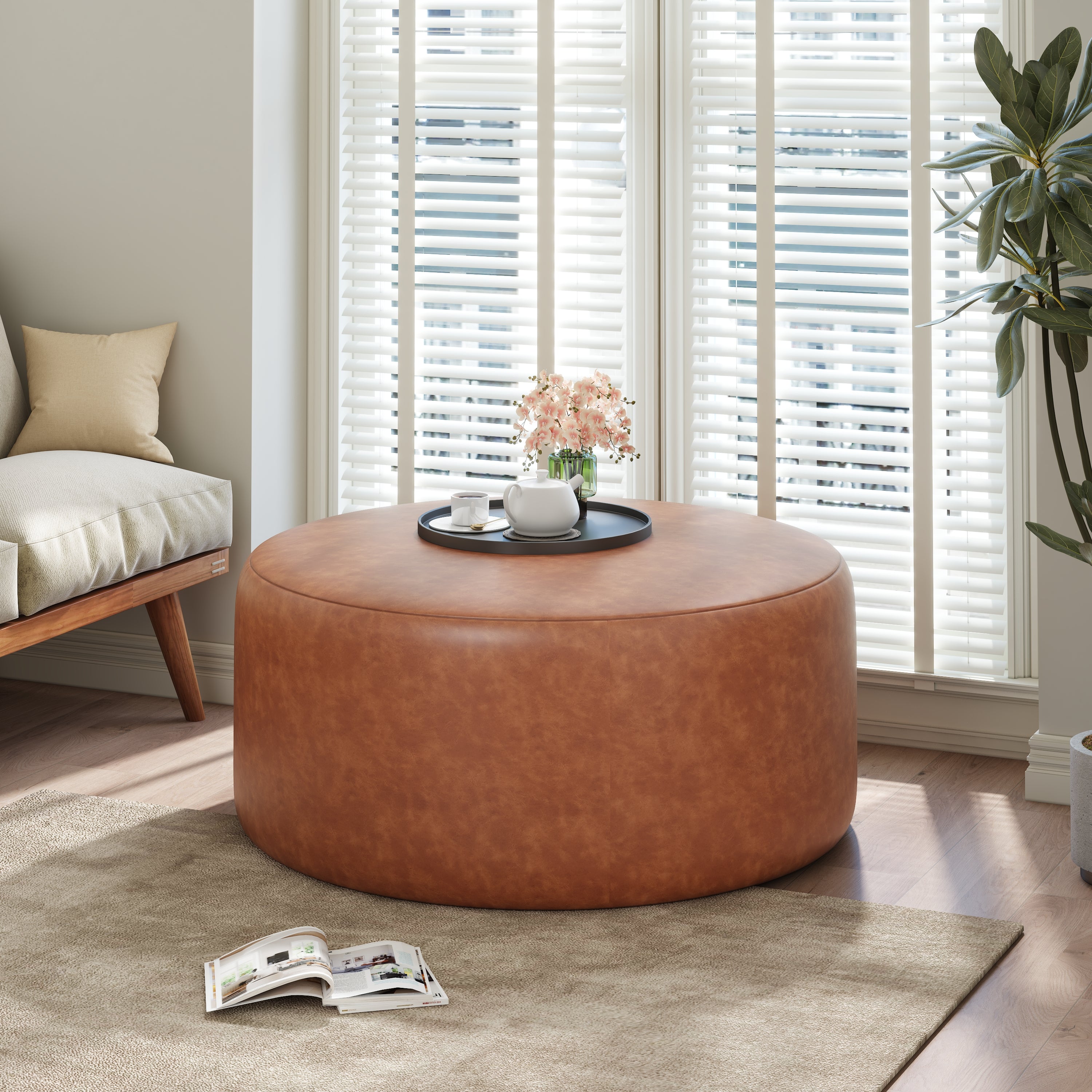 Upholstered Round Vegan Leather Ottoman
