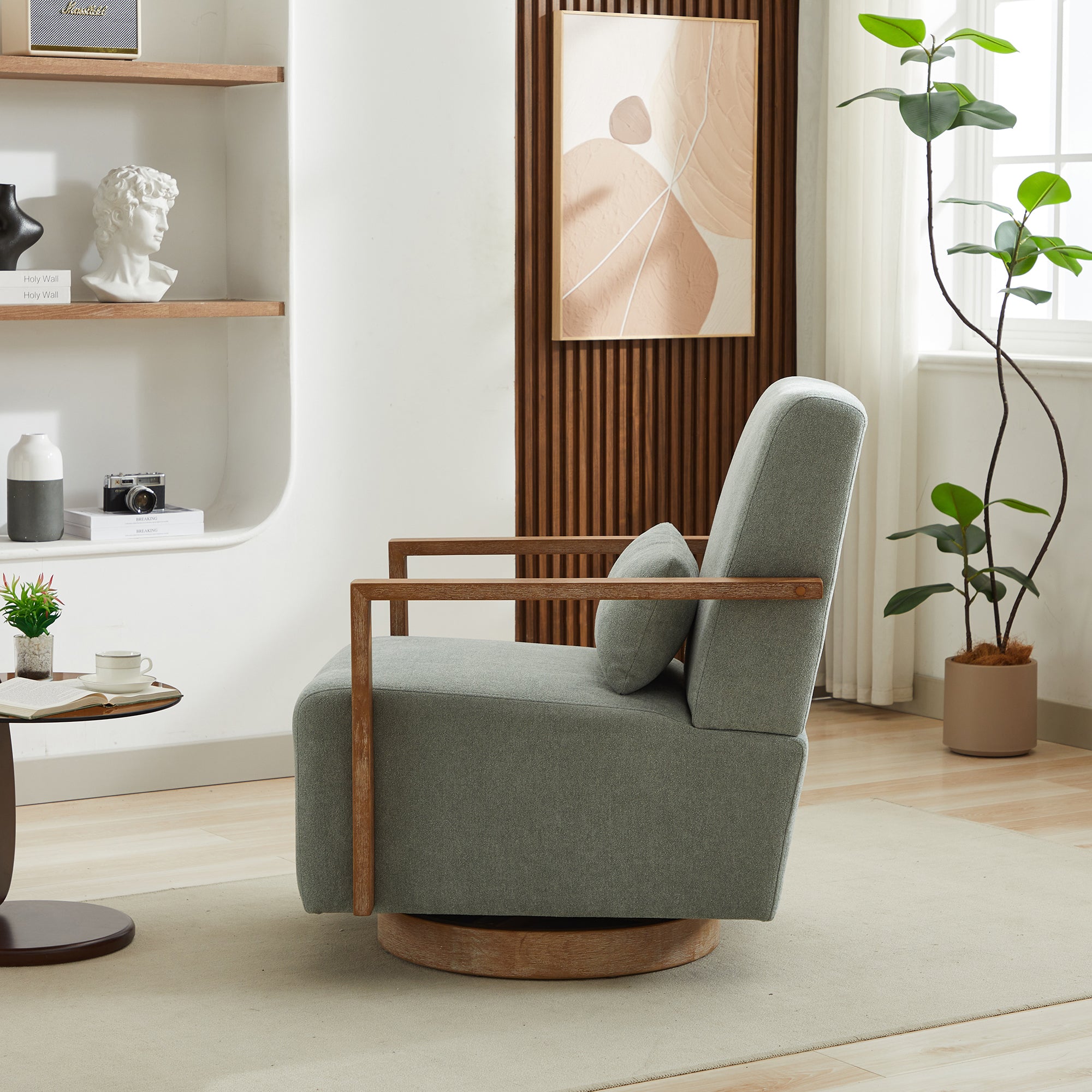 Upholstered Swivel Chair with Open Arms Design and Wood Base