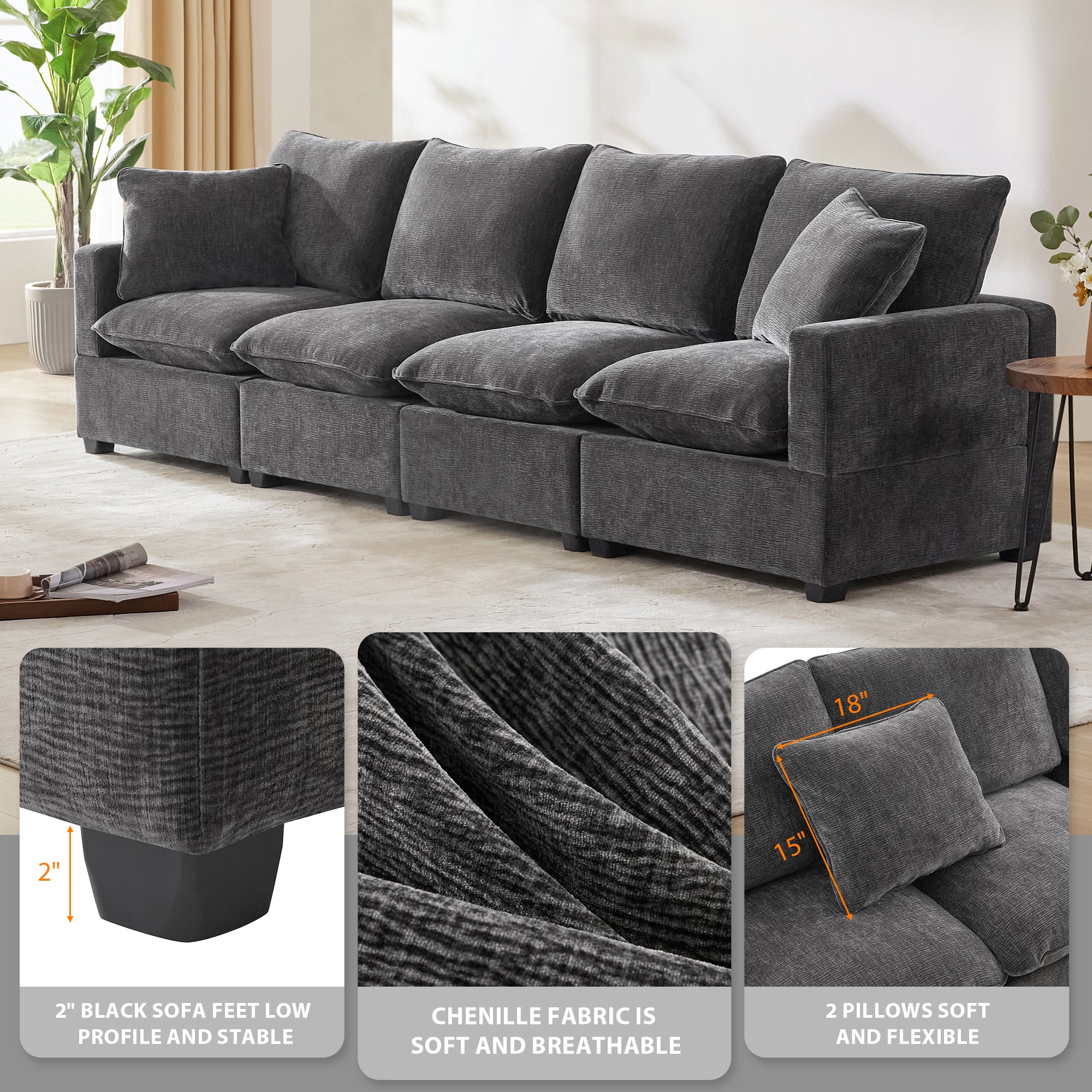 Chenille Modular Sofa with 2 Pillows, Seats 4