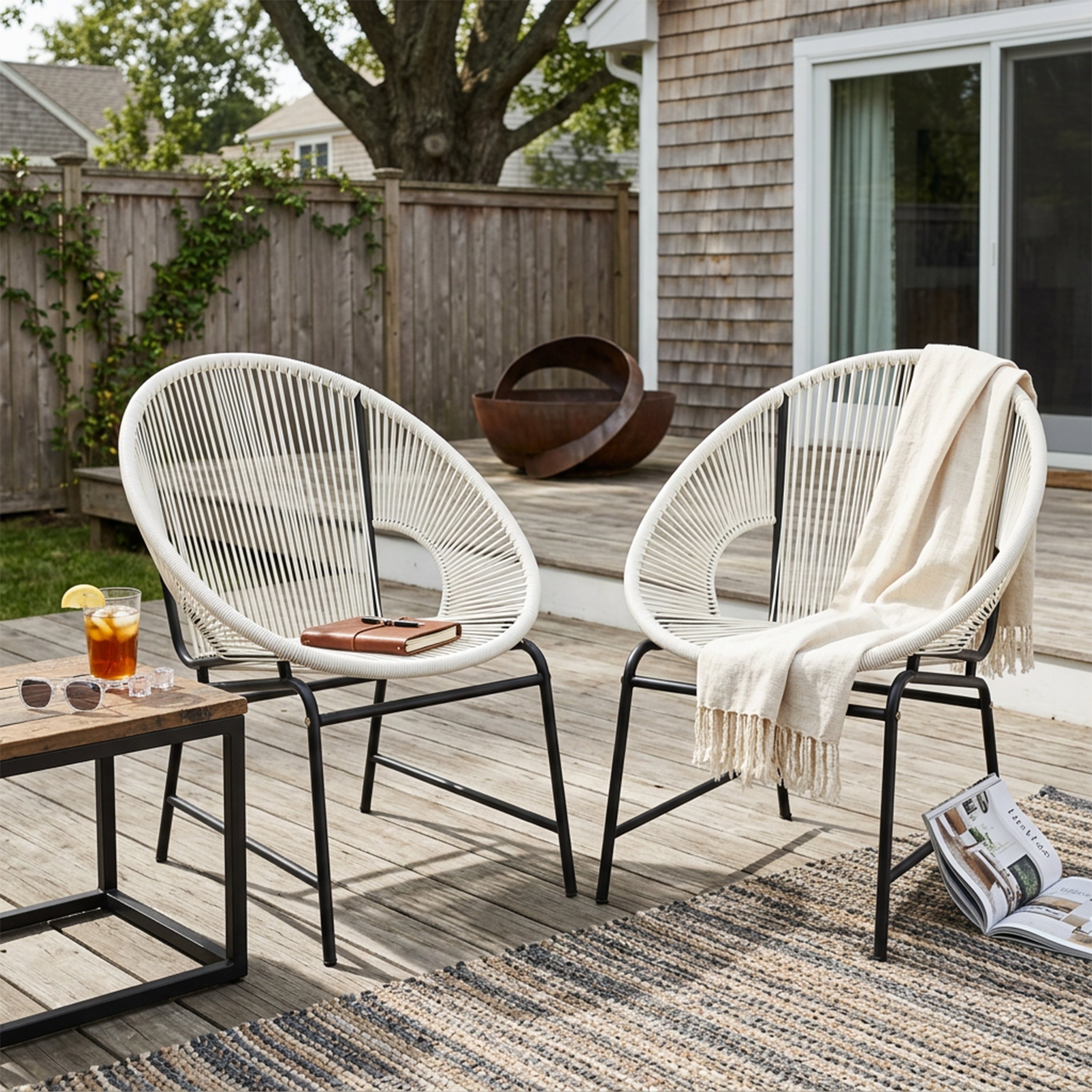 NUSA OUTDOOR PATIO WICKER CHAIR, TEAL PE RATTAN & IRON FRAME, SET OF 2