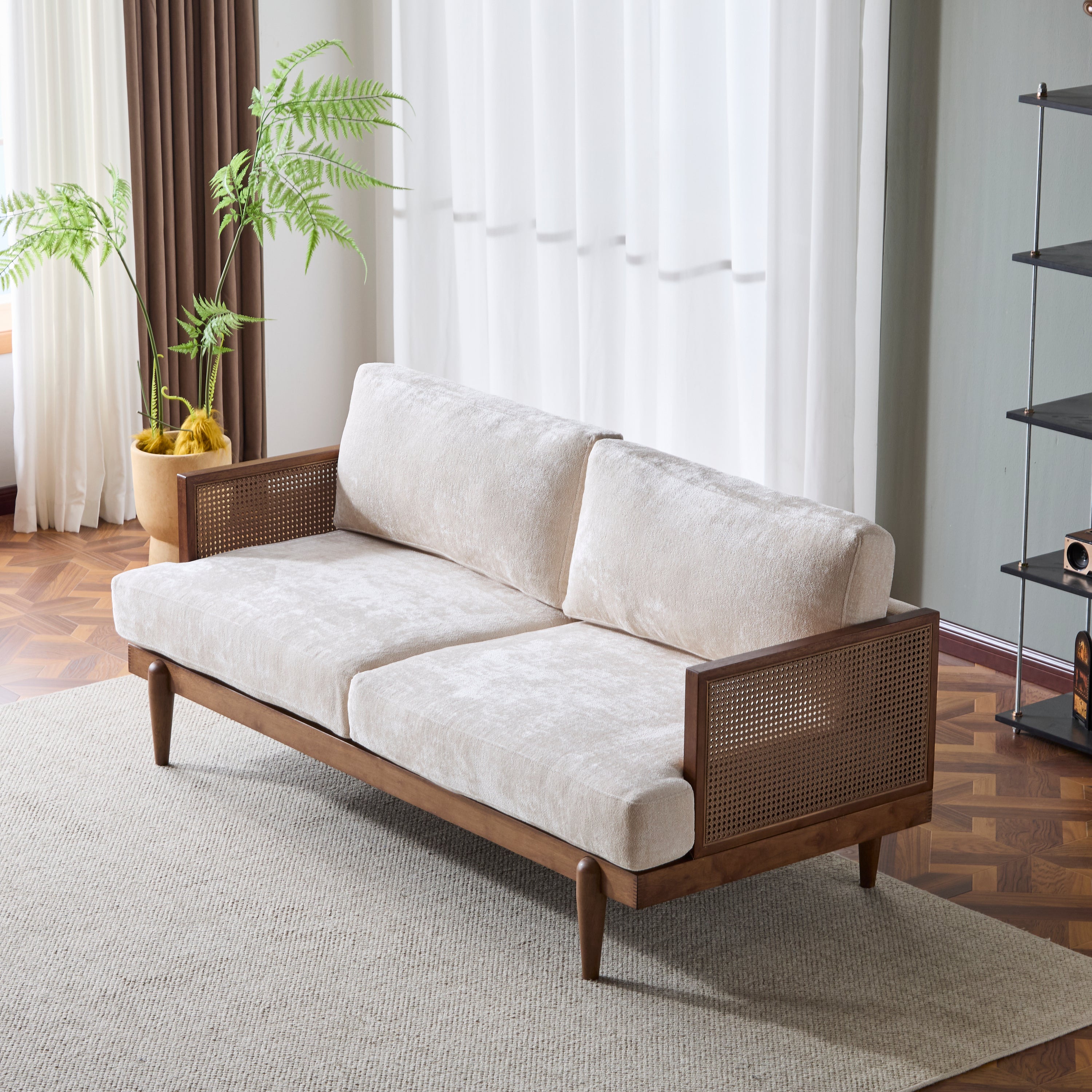 3-Seater Sofa with Cane Rattan and Wooden Frame