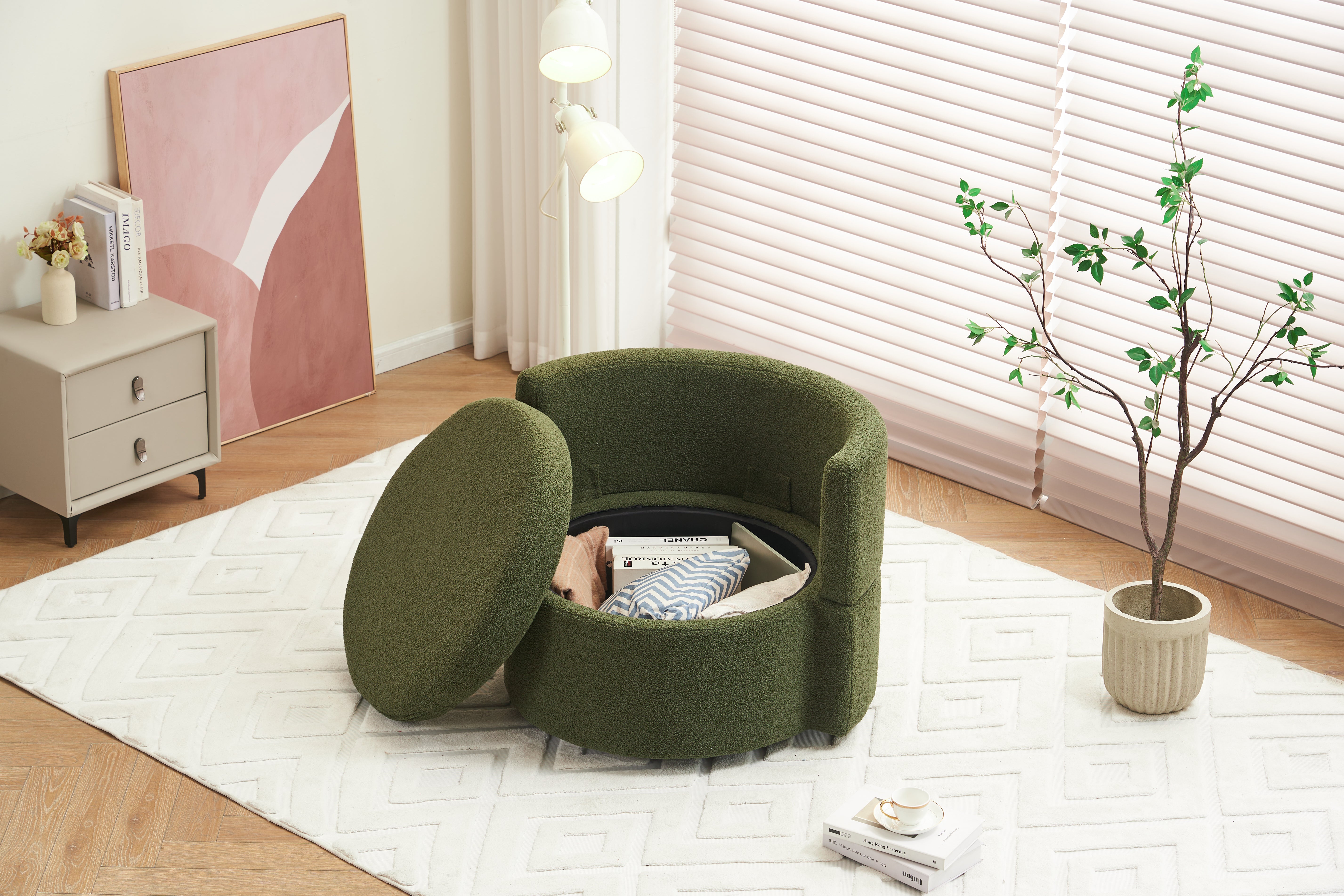 Upholstered Swivel Chair with 3 Throw Pillows and Storage