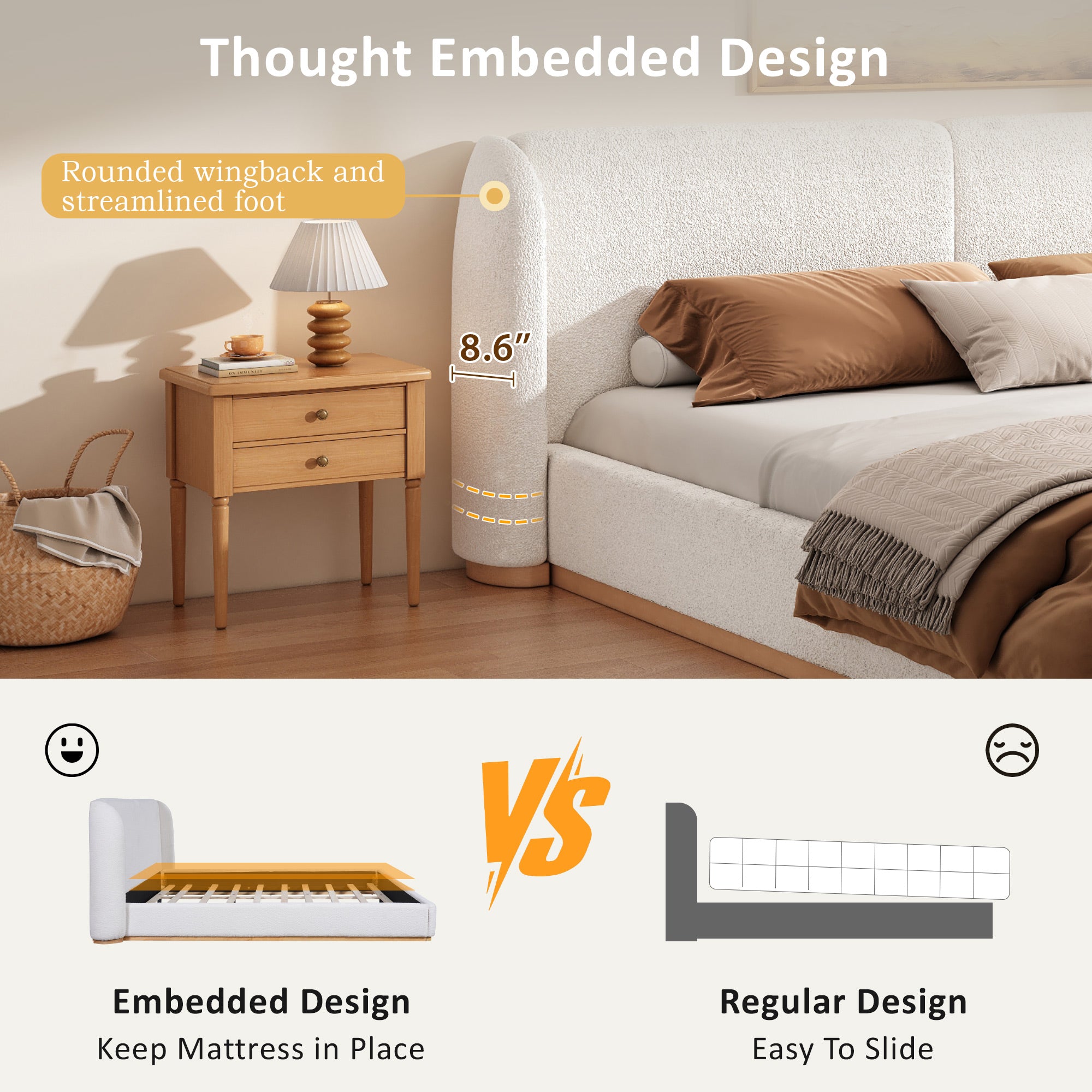 Bed Frame with Boucle Upholstered Wingback Headboard