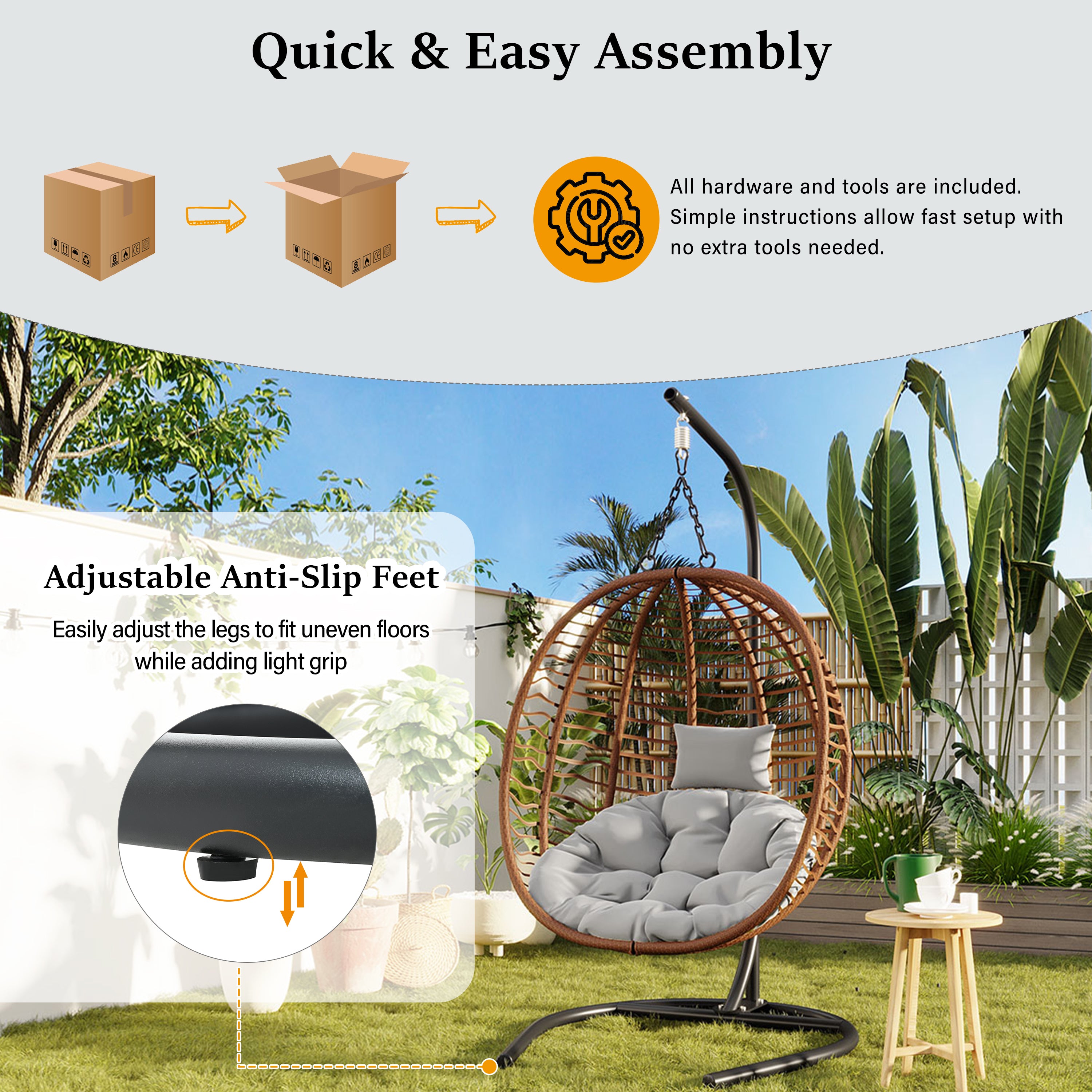 Folding Hanging Swinging Egg Chair with Stand & Tufted Cushion