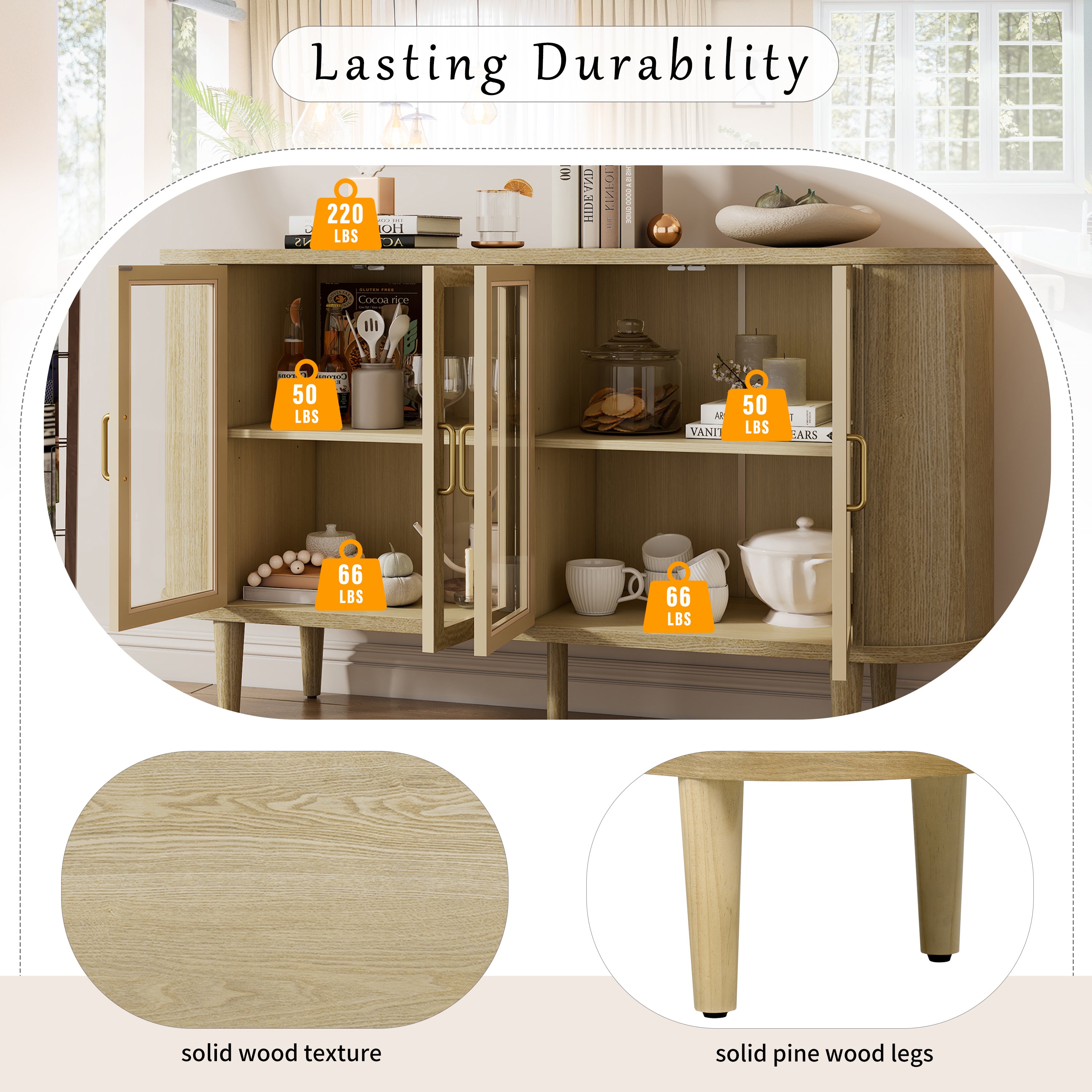 Wood Buffet Cabinet with Glass Doors and Adjustable Shelves