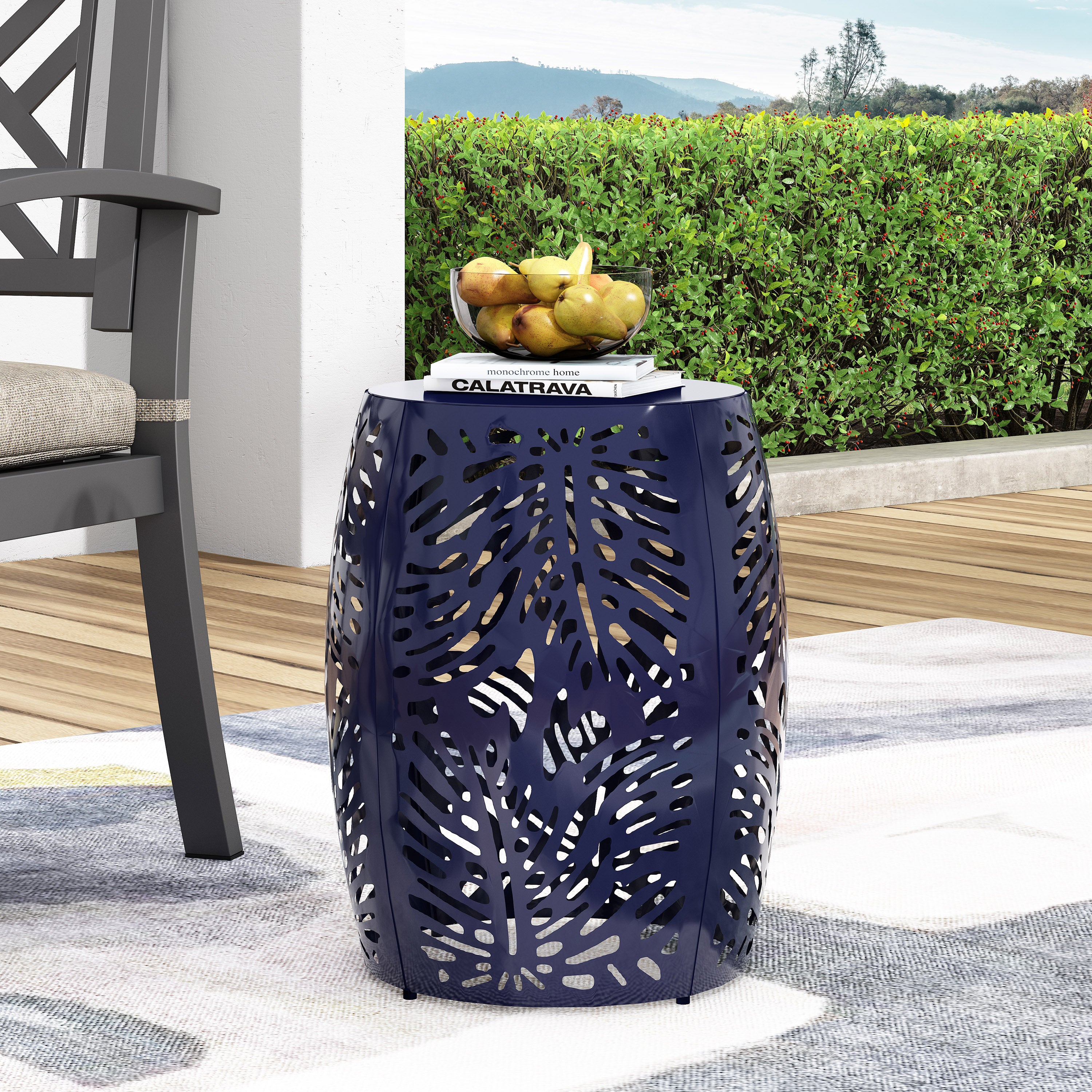 Rebirth Outdoor End Table with Tropical Palm Leaf Pattern and Iron Frame