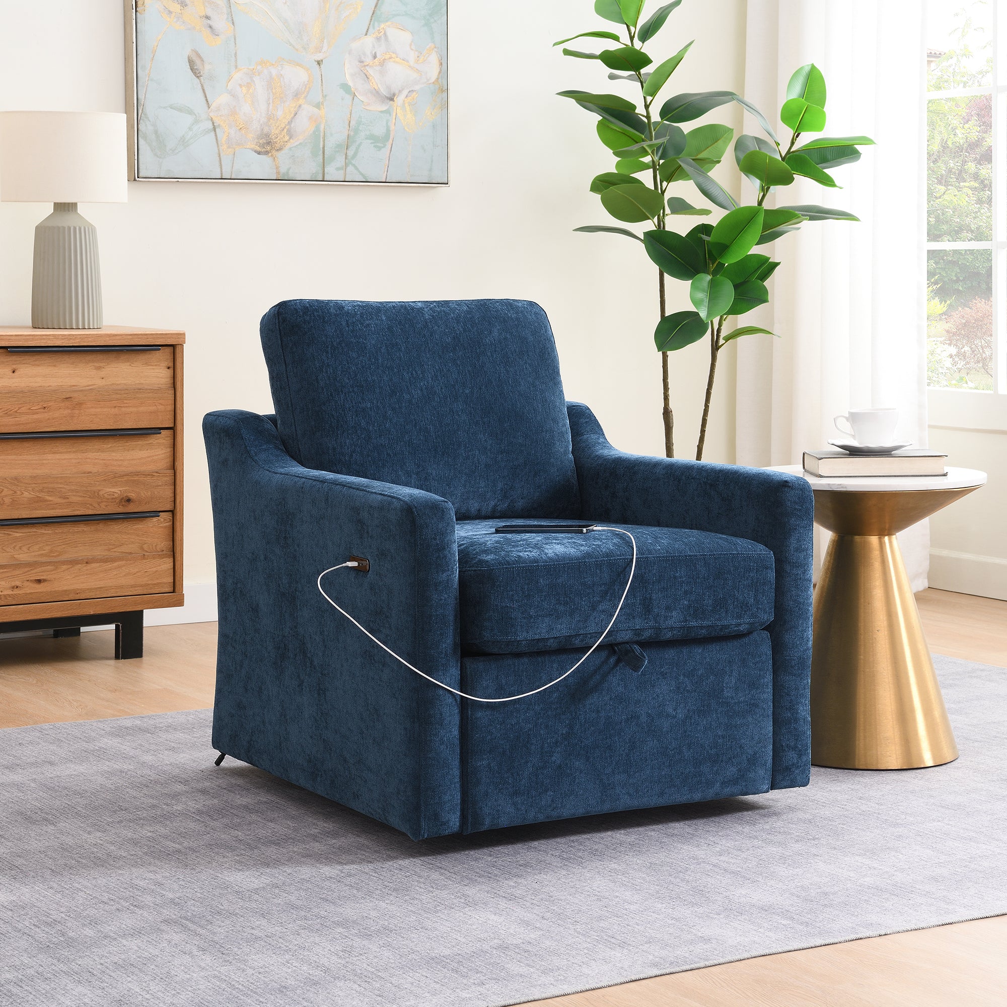 Chenille Swivel Arm Accent Chair With Charging Port and Pocket