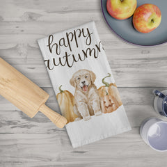 Happy Autumn Pumpkin Puppy Tea Towel