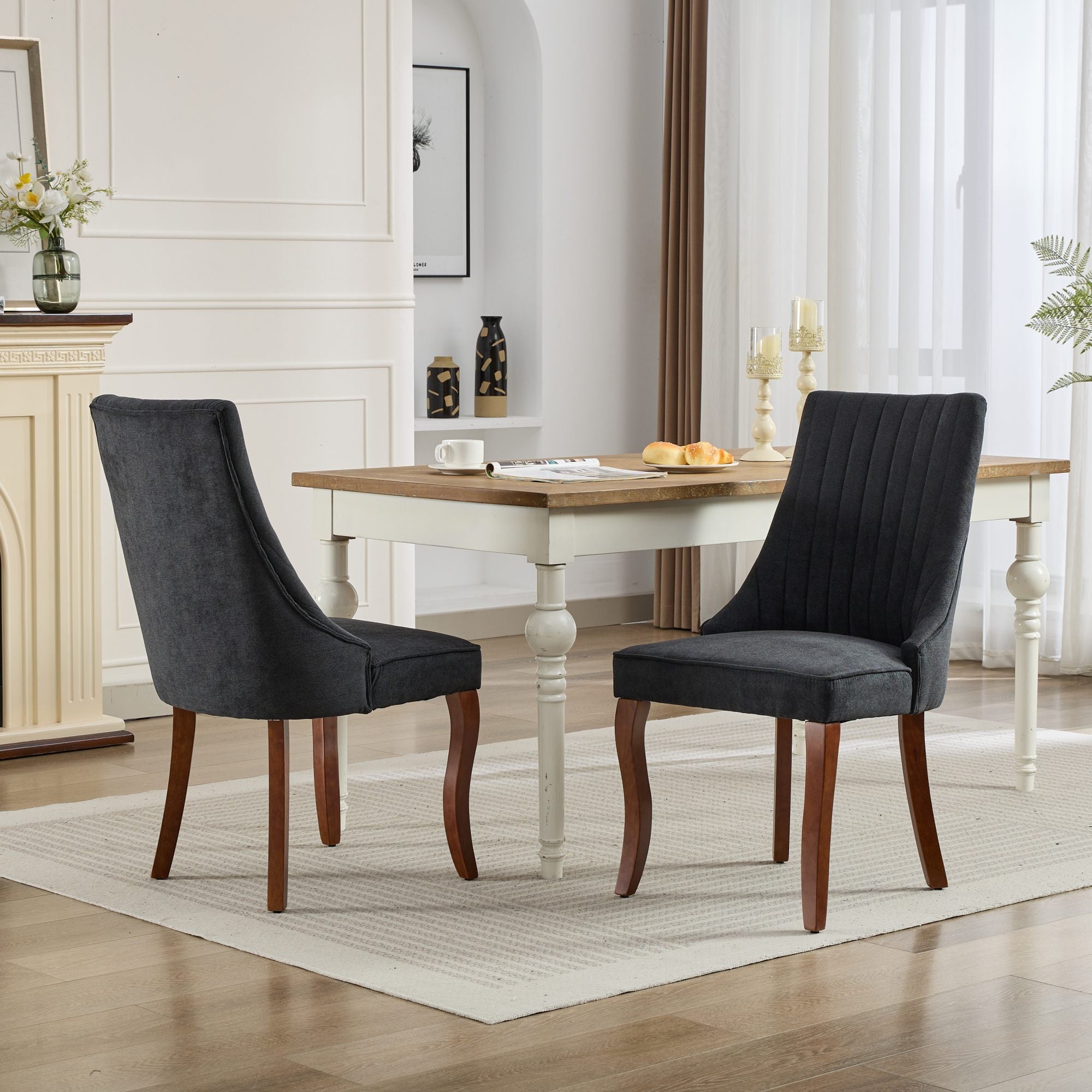 Rayon Cloth Flocking Linen Dining Chairs Channel Kitchen Dinner Chair Comfy Fabric Upholstered Accent Chair for Dining Room with Curved Solid Wood Legs,Set of 2 (Black), SW1847BK