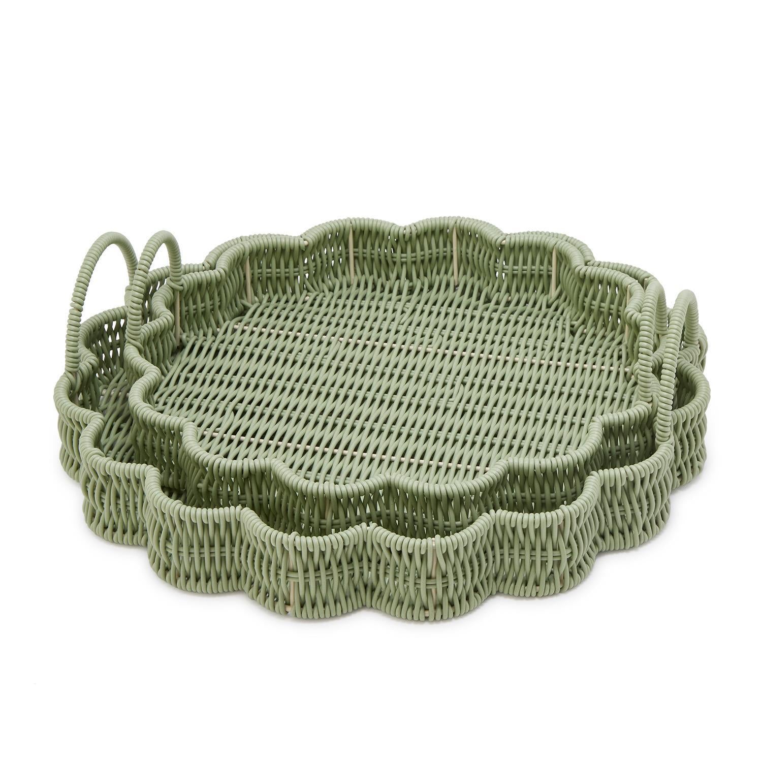 All Weather Wicker Scalloped Edge Green Round Serving Tray, Set of 2