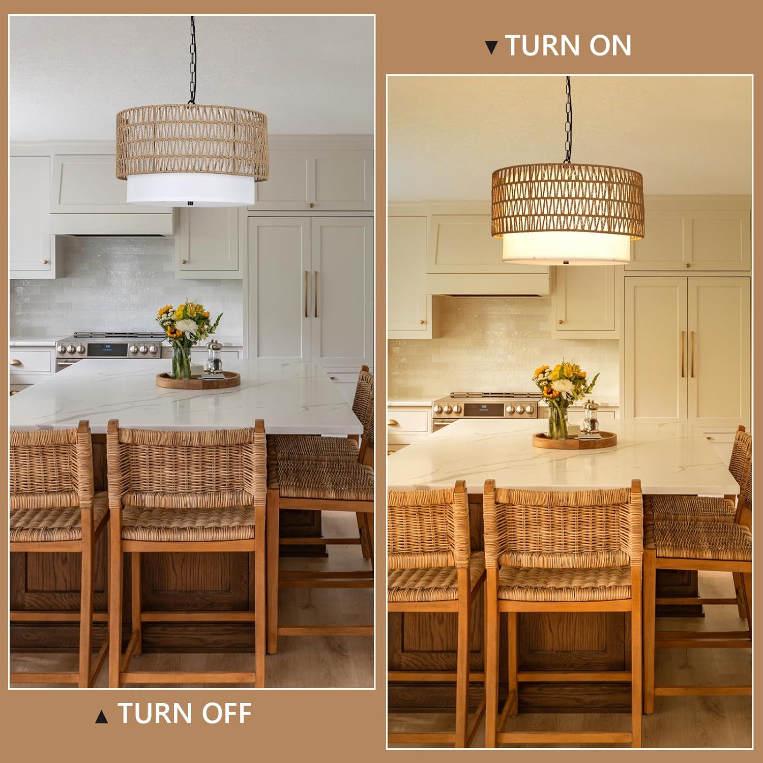 5-Light Rattan Chandelier with Fabric Shade and Adjustable Height