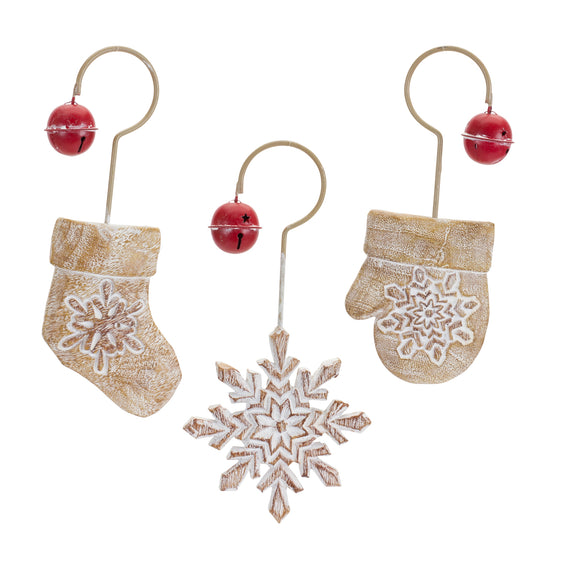 White Washed Stone Snowflake Ornament with Bell Accent, Set of 6