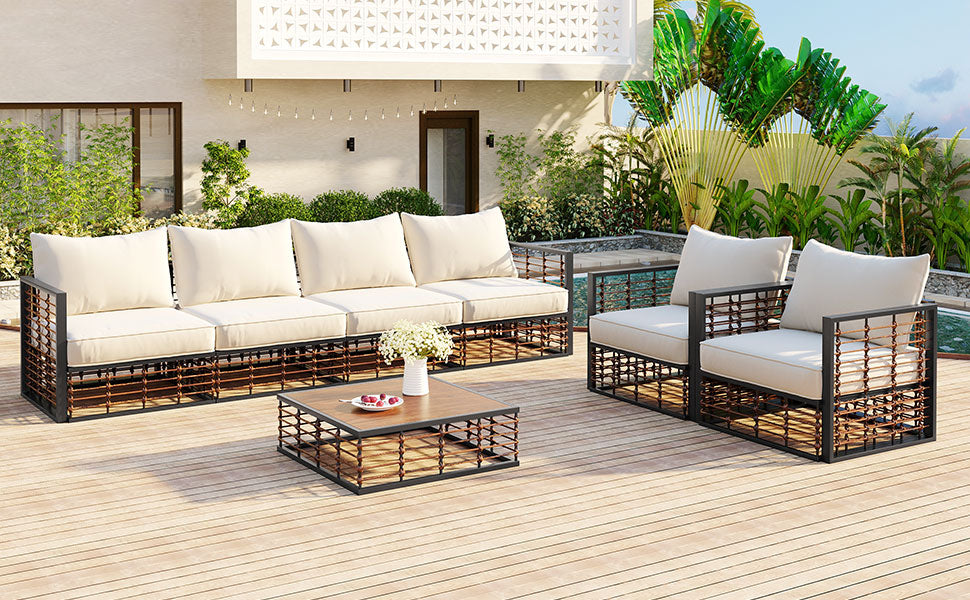 TOPMAX Modern Minimalist 7-Piece Metal Patio Sectional Sofa Set, All-Weather Garden Conversational Furniture Set with Thick Cushions and Coffee Table for Indoor Outdoor, Dark Grey