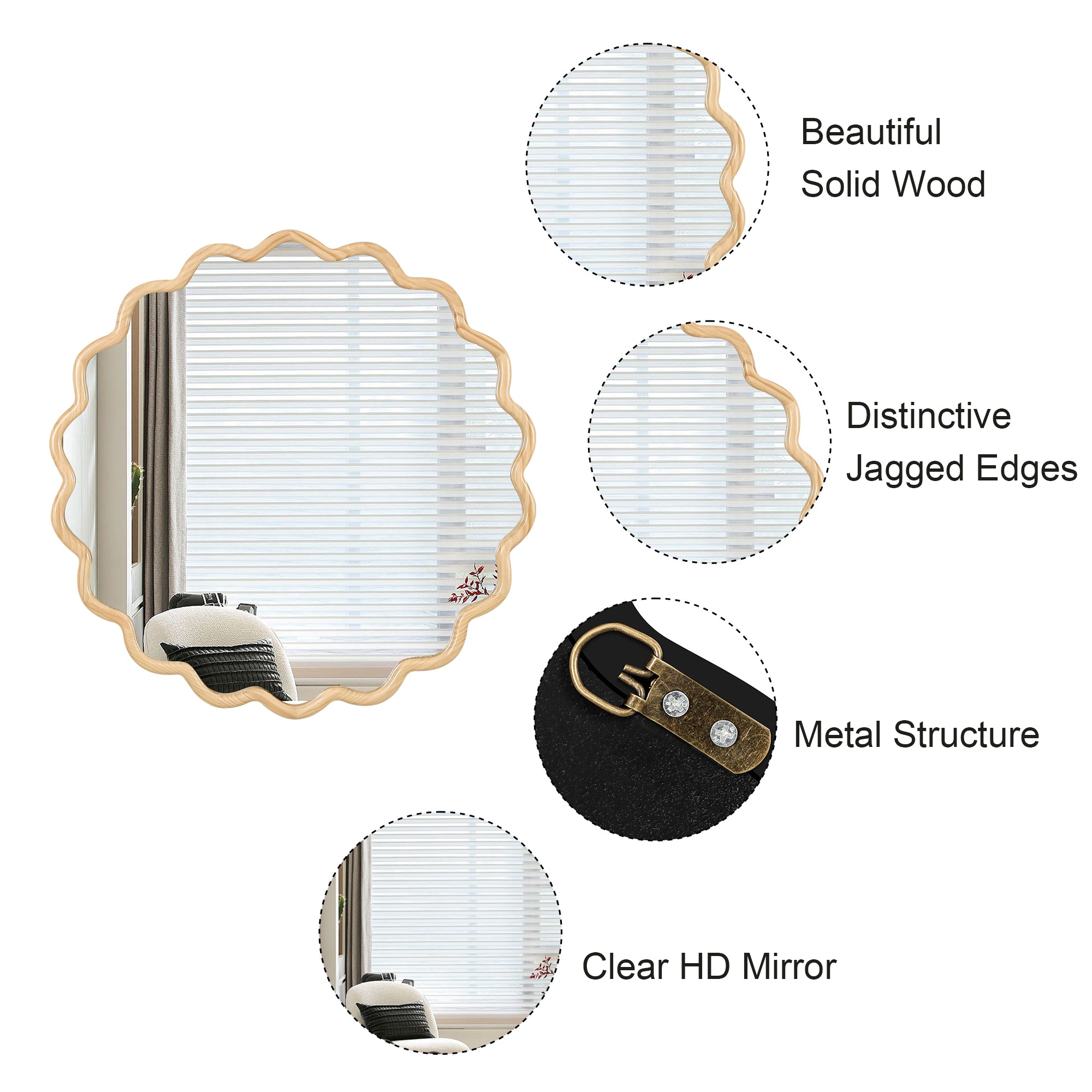 Honoredd 36" x 36" Round Wall Mirror with Exquisite Wave Wood Frame