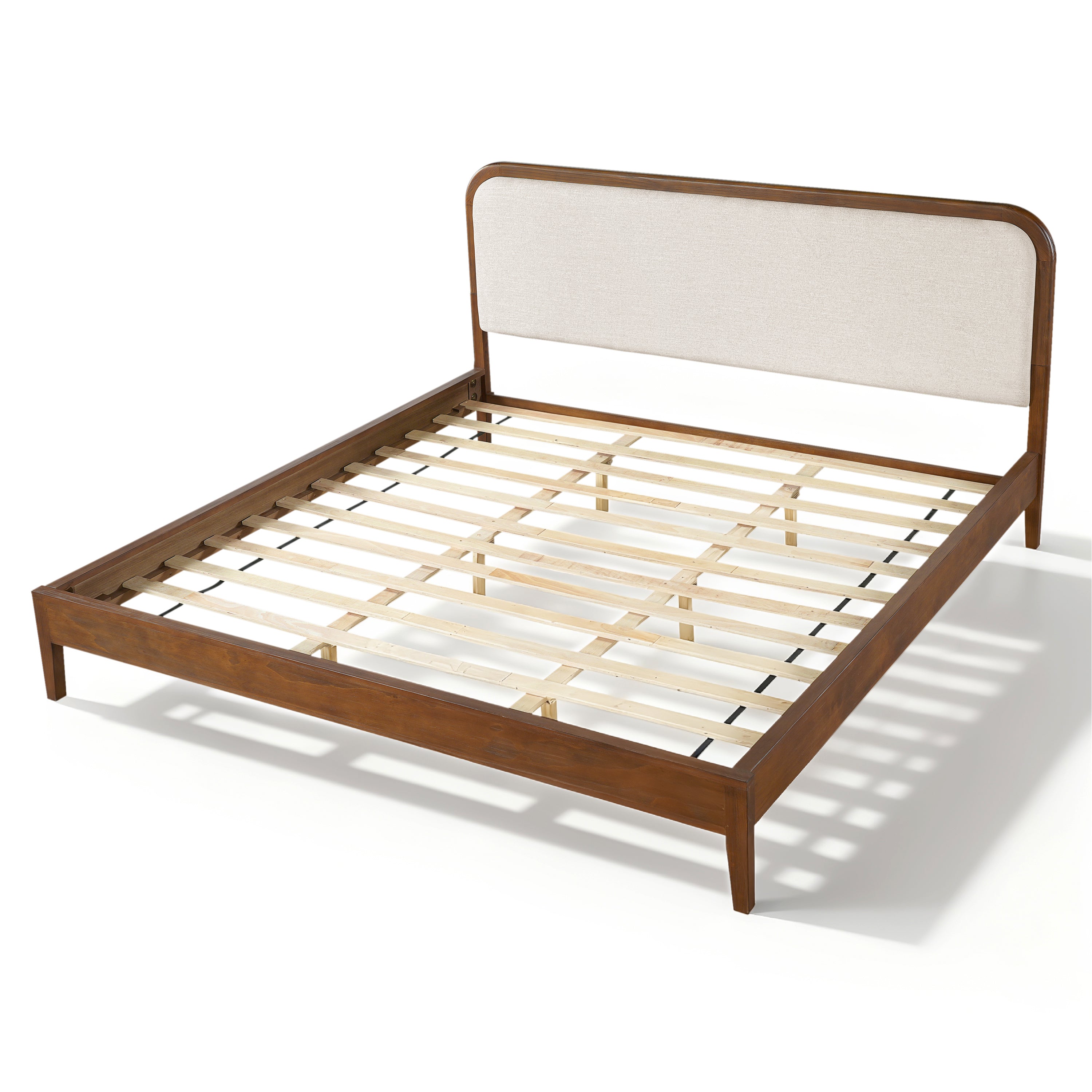 Acacia Wood Bed Frame With Beige Upholstered Headboard