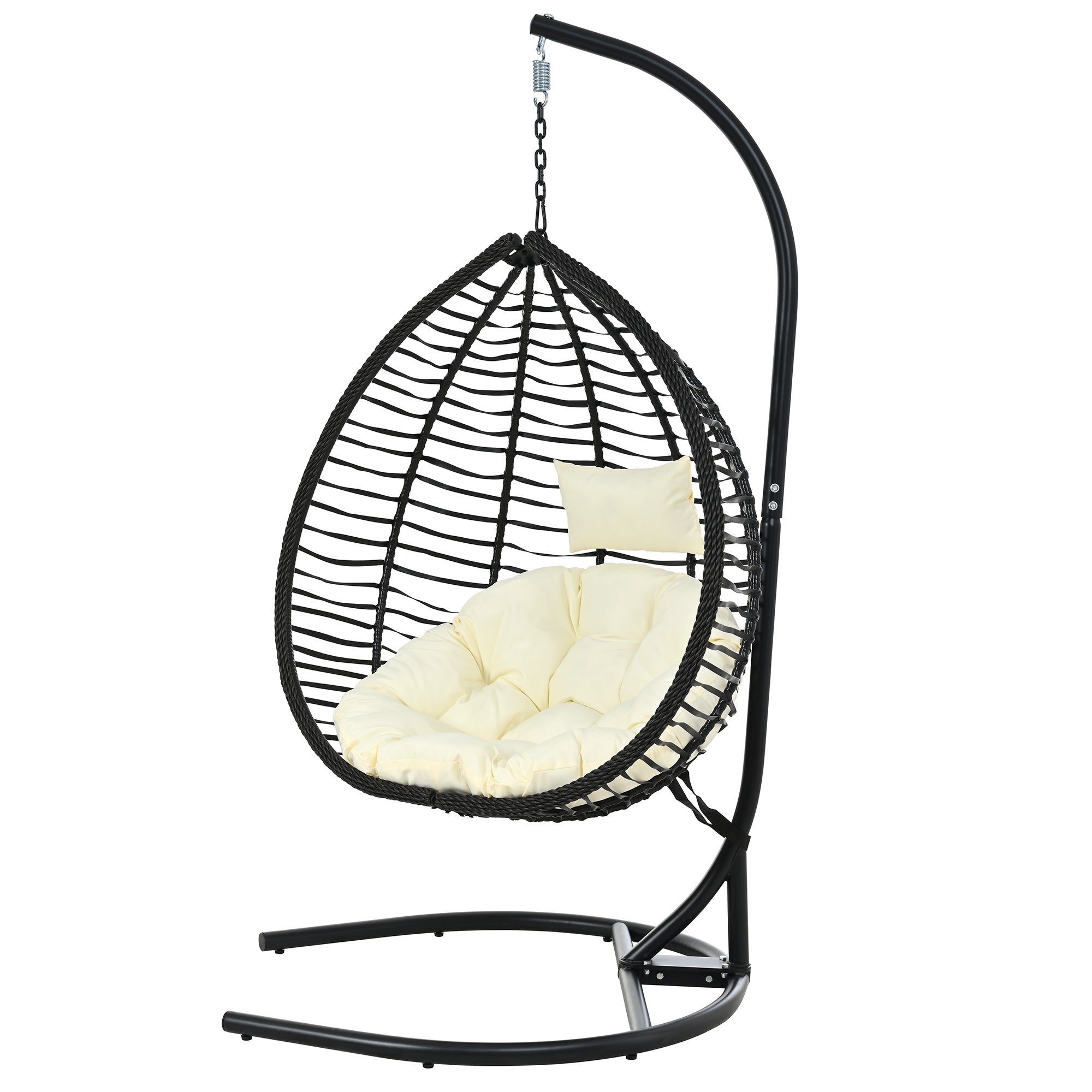 Foldable Rattan Egg Swing Chair with Iron Frame, Plush Cushion & Removable Headrest