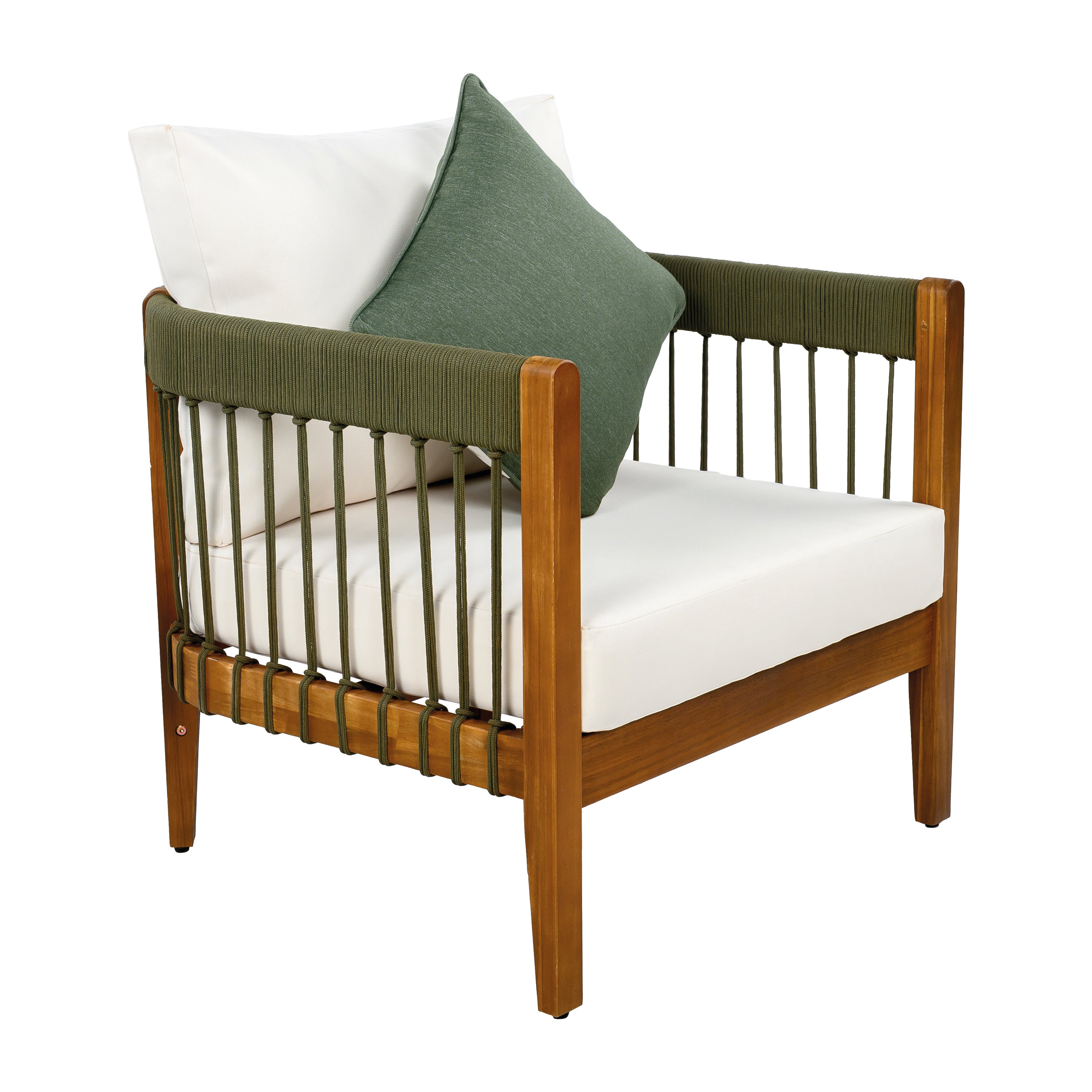 Azari Outdoor Acacia Wood Club Chair with Handwoven Rope Accents & Curved Backrest