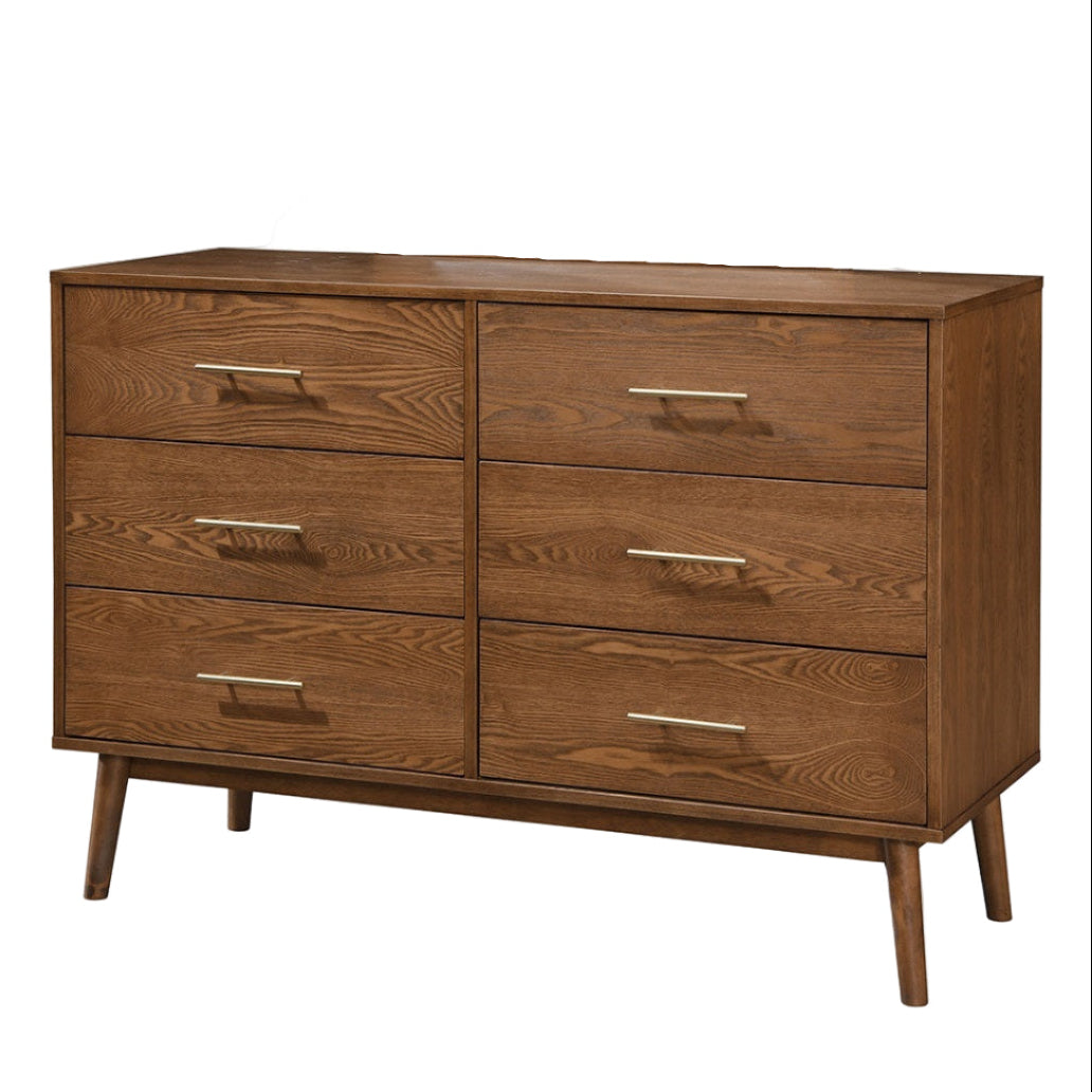 Walnut Dresser with Nickle Bar Pullsand Round Tapered Legs