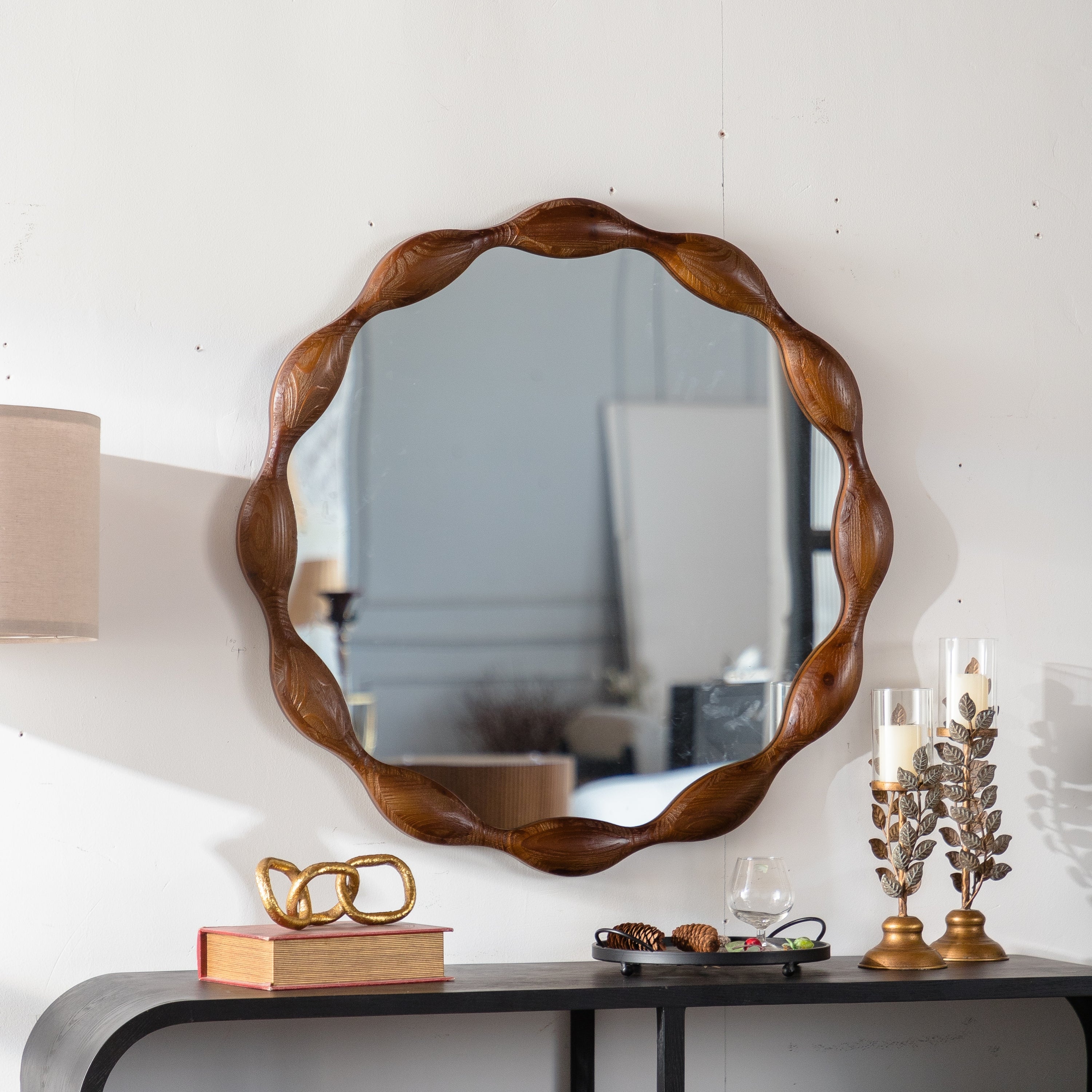 Round Mid-Century Modern Mirror with Solid Wood Frame