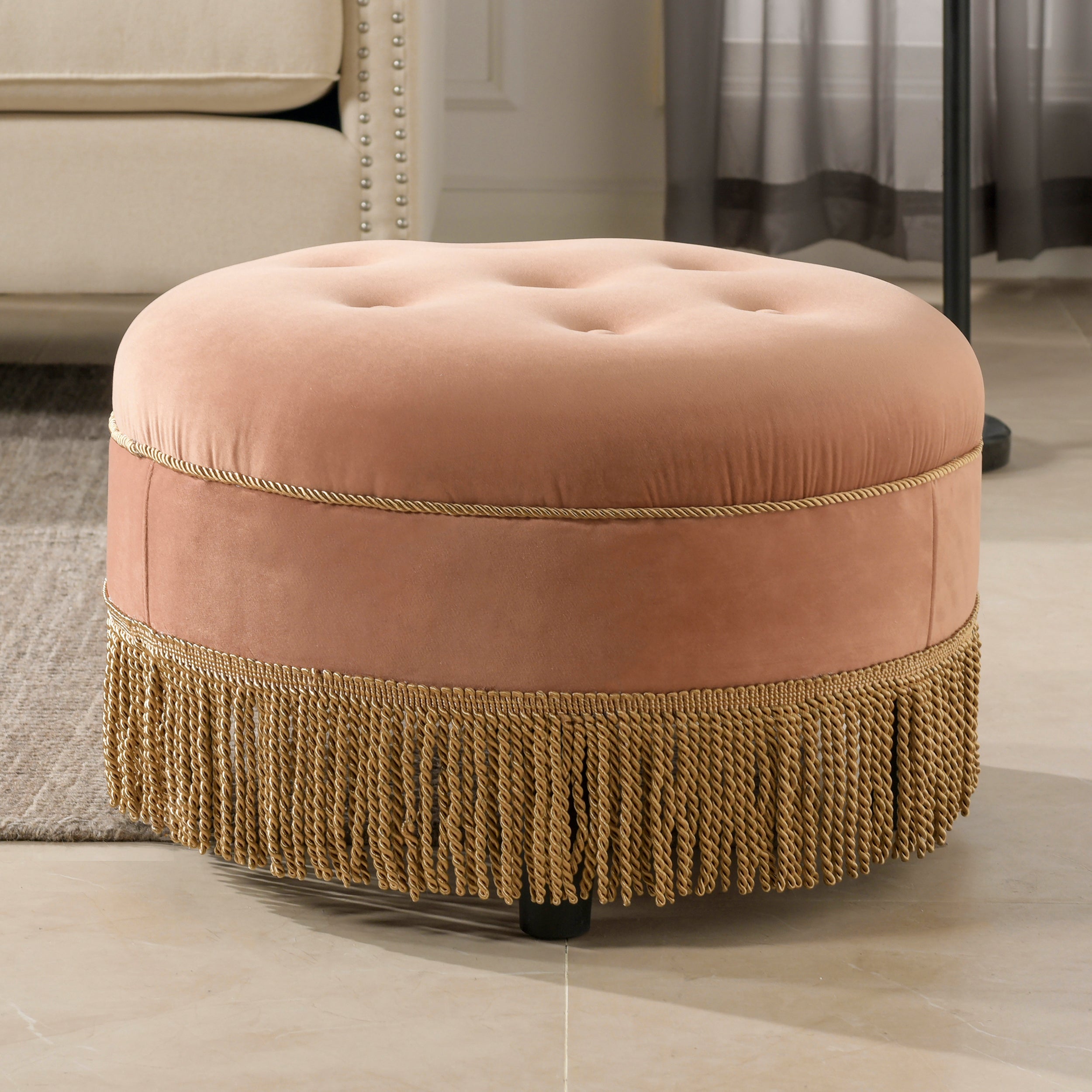 Yolanda 24" Round Upholstered Accent Ottoman, Olive Green Performance Velvet