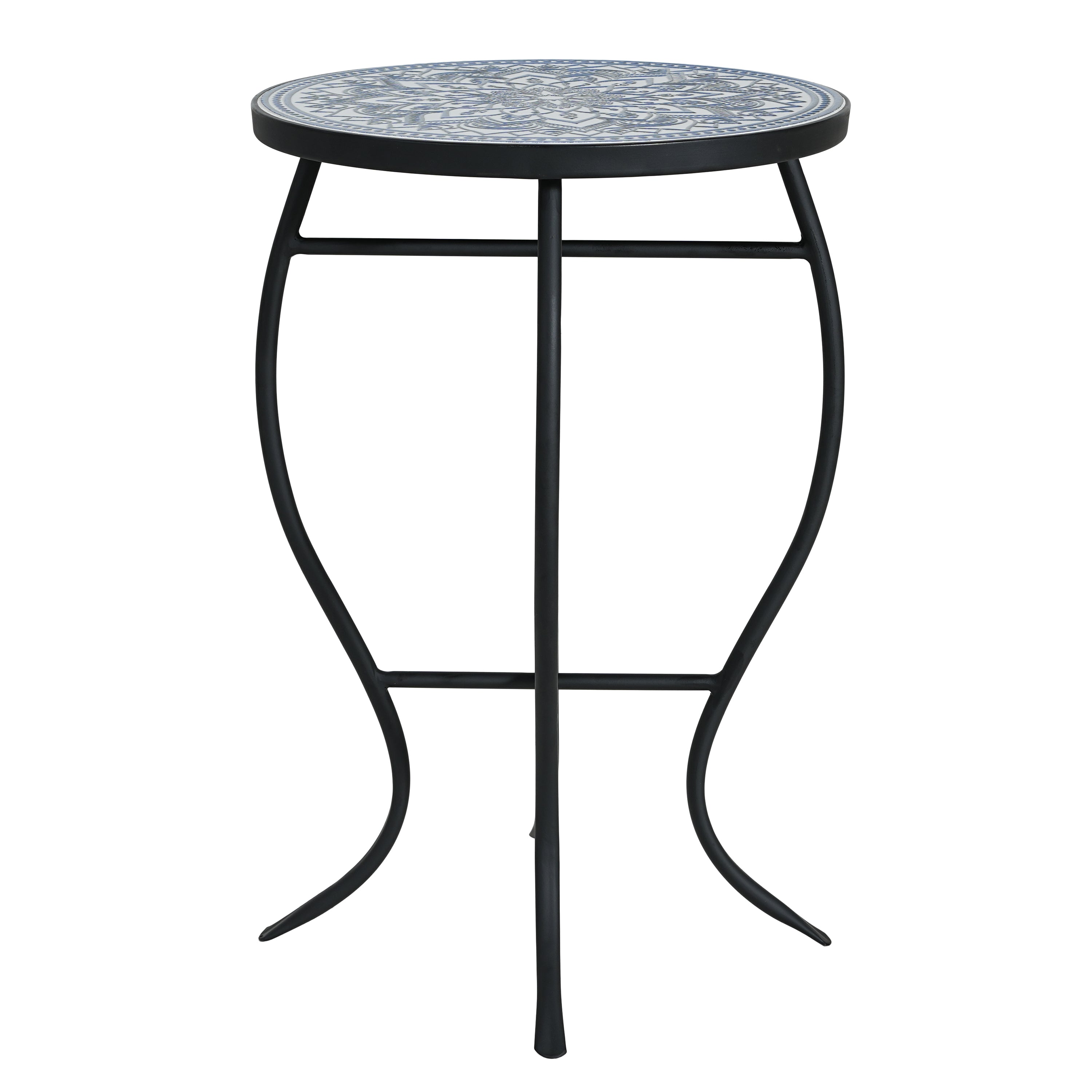 Outdoor Round Side Table with Mosaic-Style Top and Curved Iron Legs, Blue and Matte Black