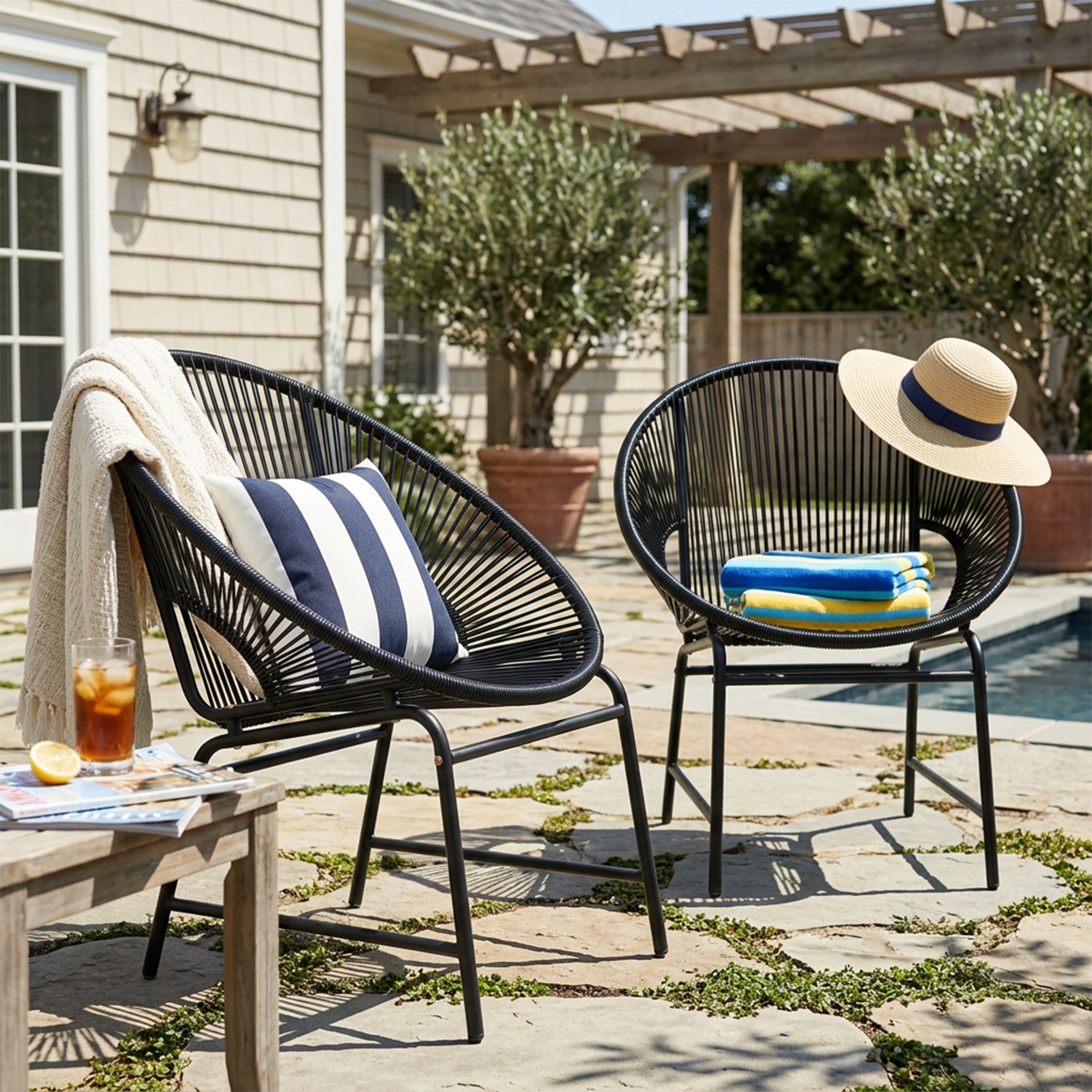 NUSA OUTDOOR PATIO WICKER CHAIR, TEAL PE RATTAN & IRON FRAME, SET OF 2