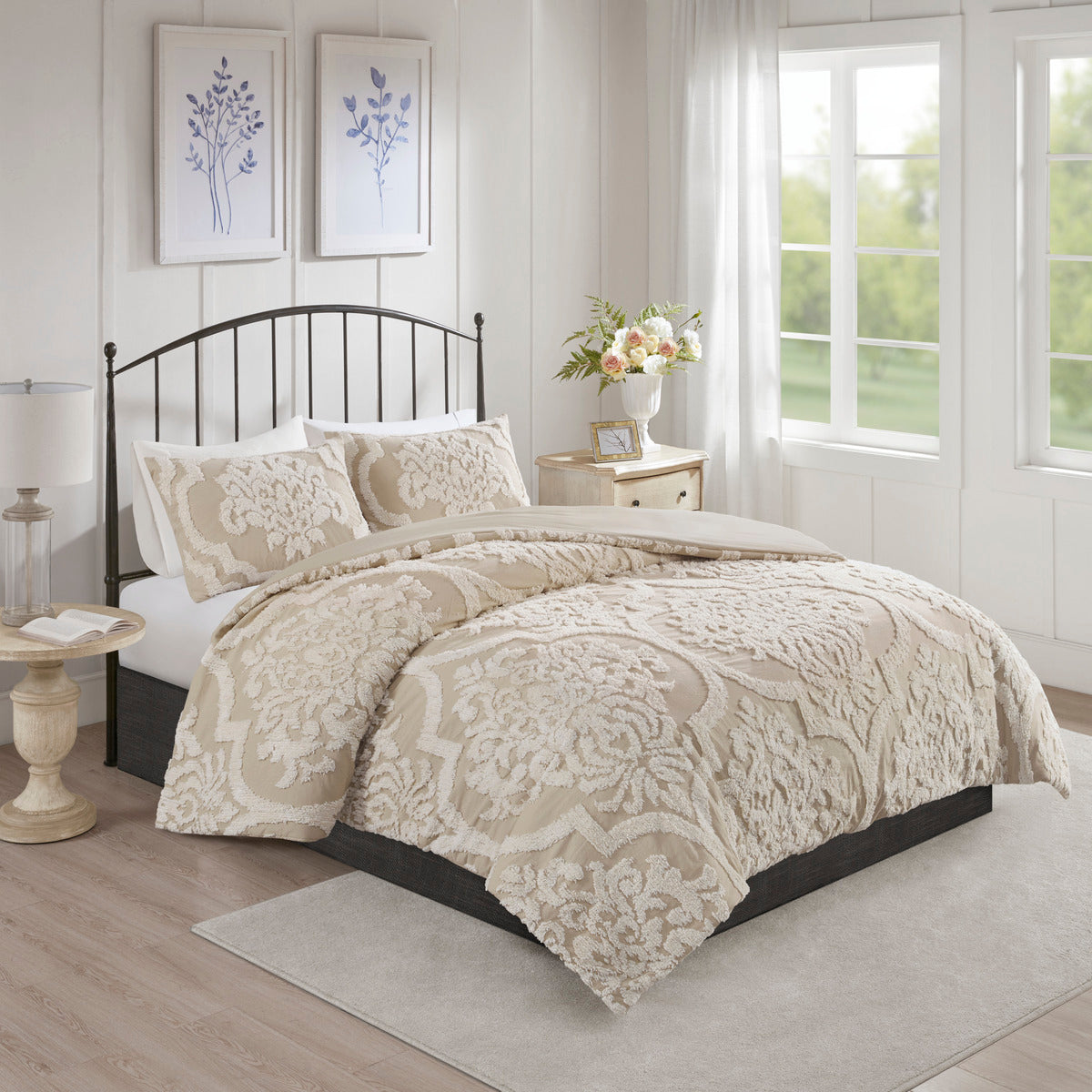Viola 3-Piece Tufted Cotton Chenille Damask Comforter Set