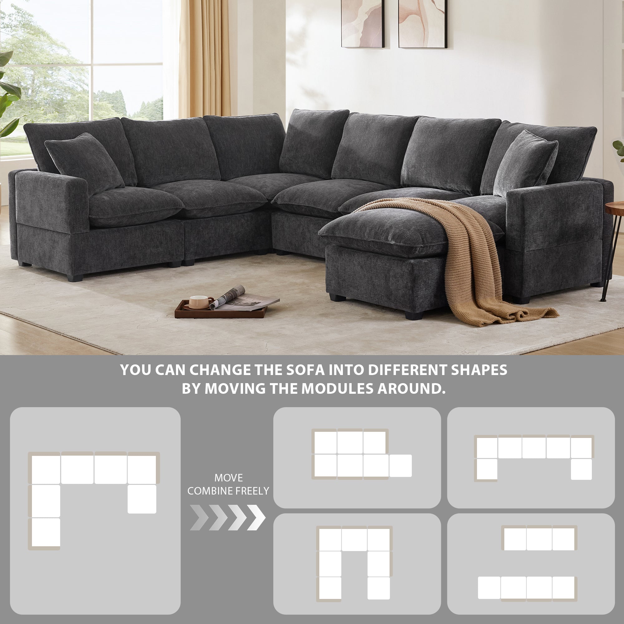 Chenille Modular U-Shape Sectional Sofa, Seats 7