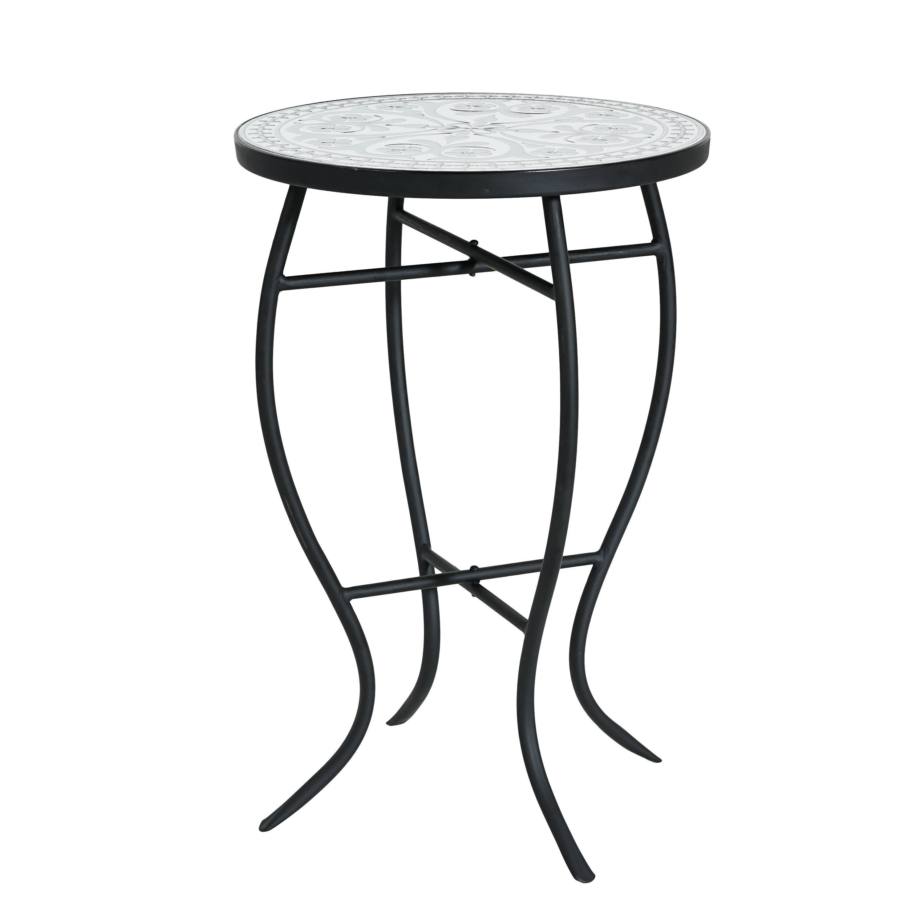 Outdoor Round Side Table with Mosaic-Style Top and Curved Iron Legs, Grey and Matte Black