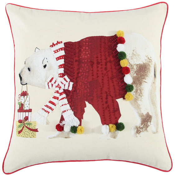 Digital Print, Embellishment And Welted Cotton Bear Decorative Throw Pillow