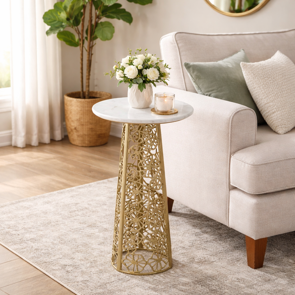 Side Table with White Marble Top and Gold-Finished Base