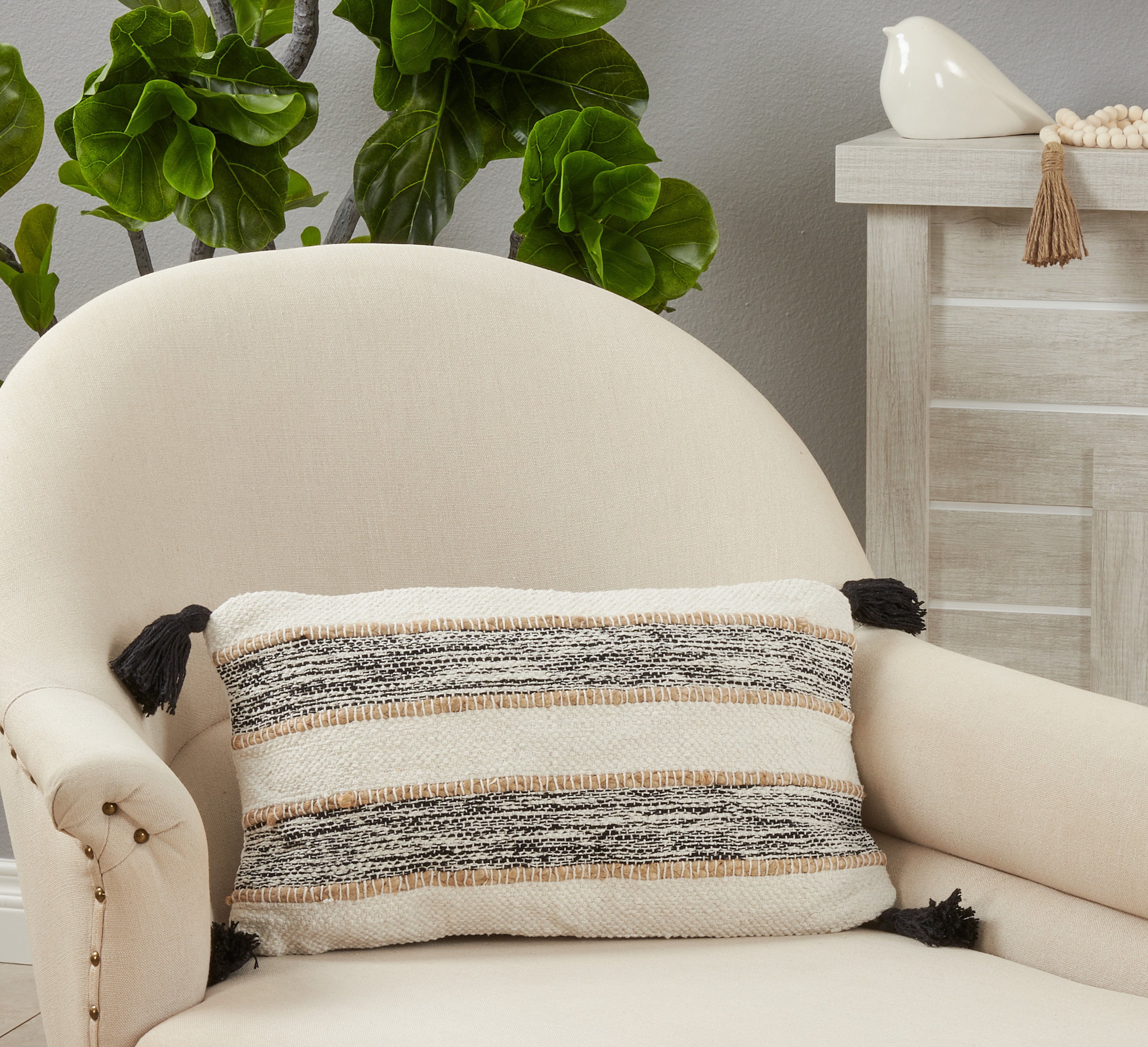 Striped Tassel Corners Poly Filled Throw Pillow