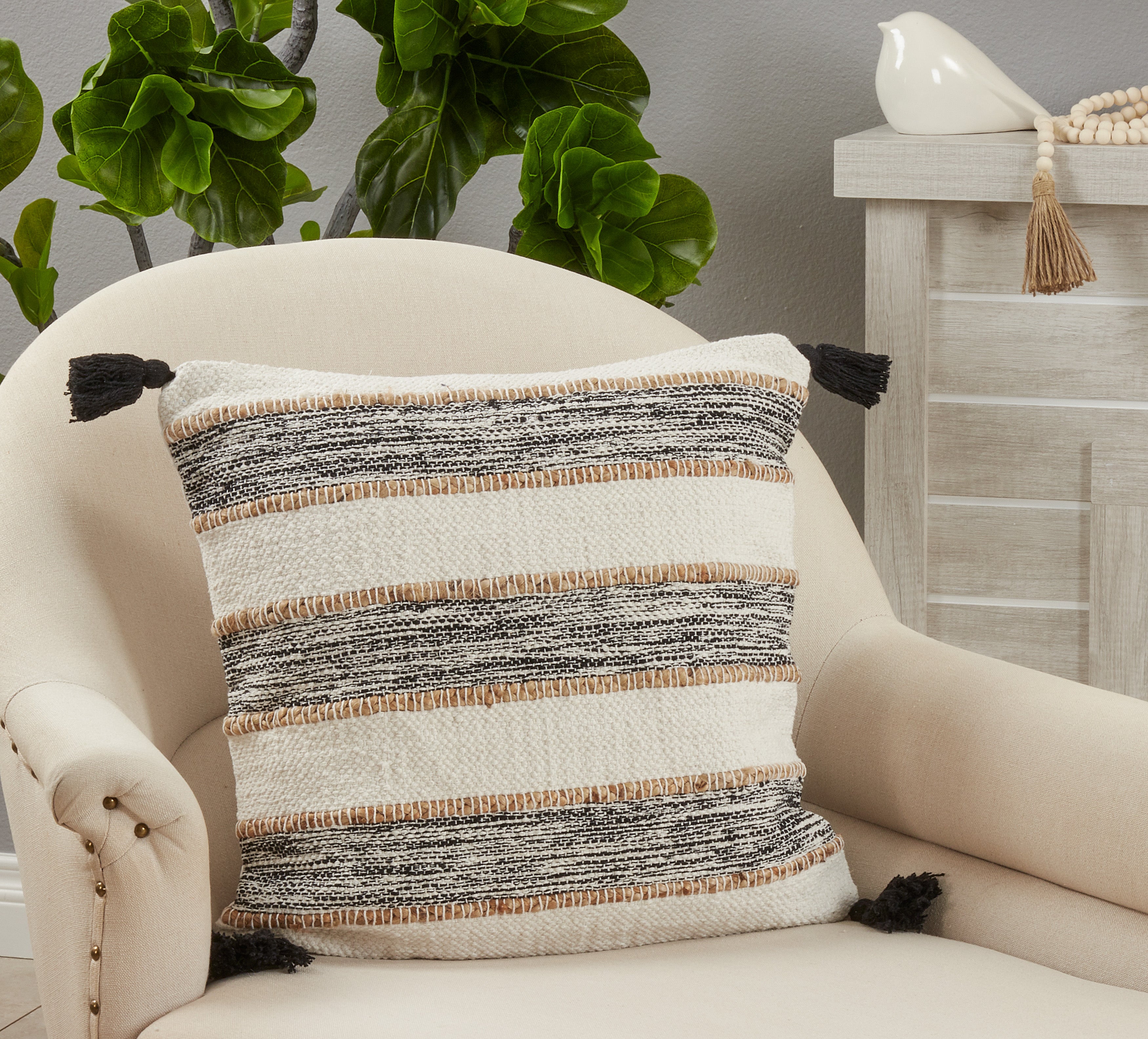 Striped Tassel Corners Poly Filled Throw Pillow