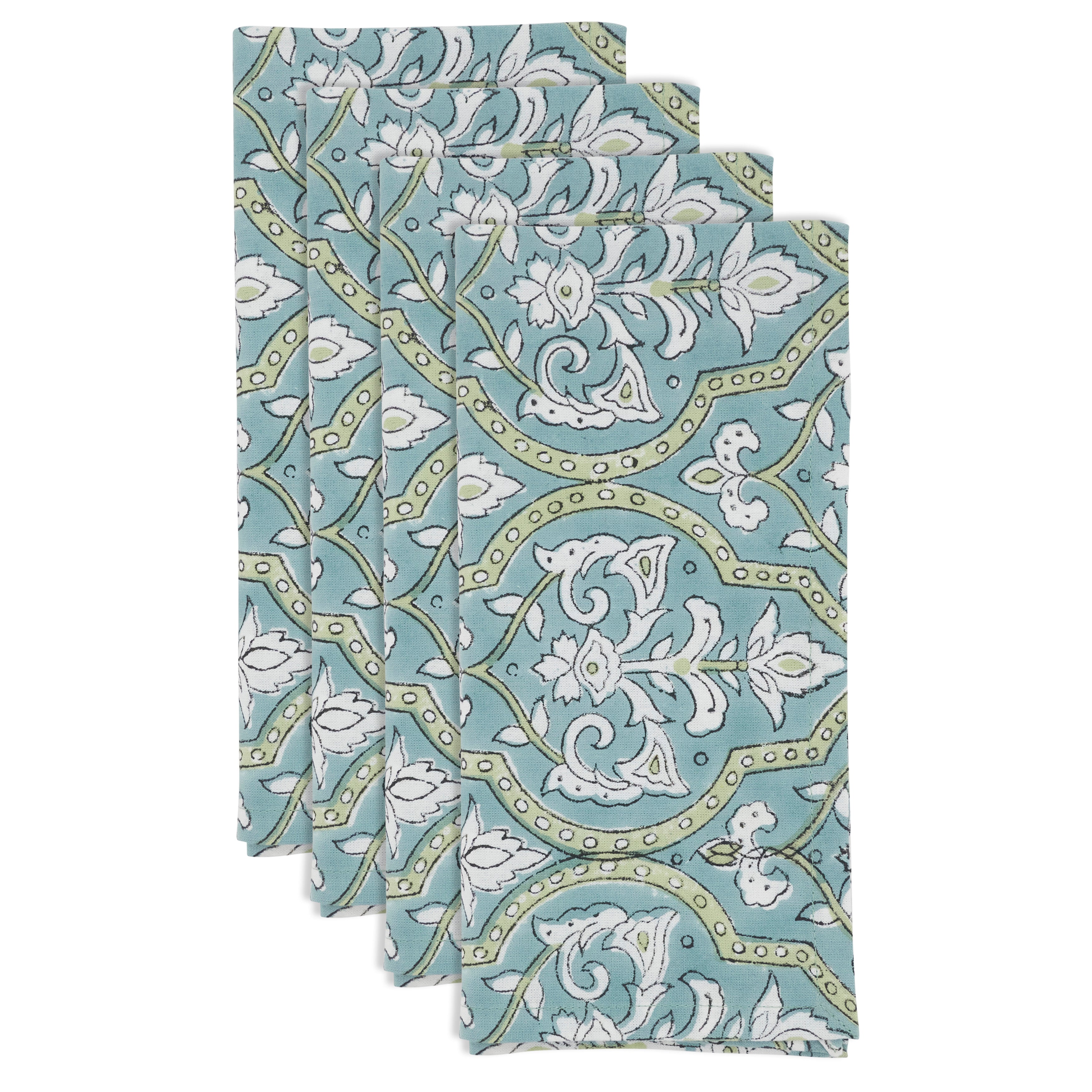 Ornamental Pattern Cotton Decorative Napkins with Illustrated Motif Design, Set of 4