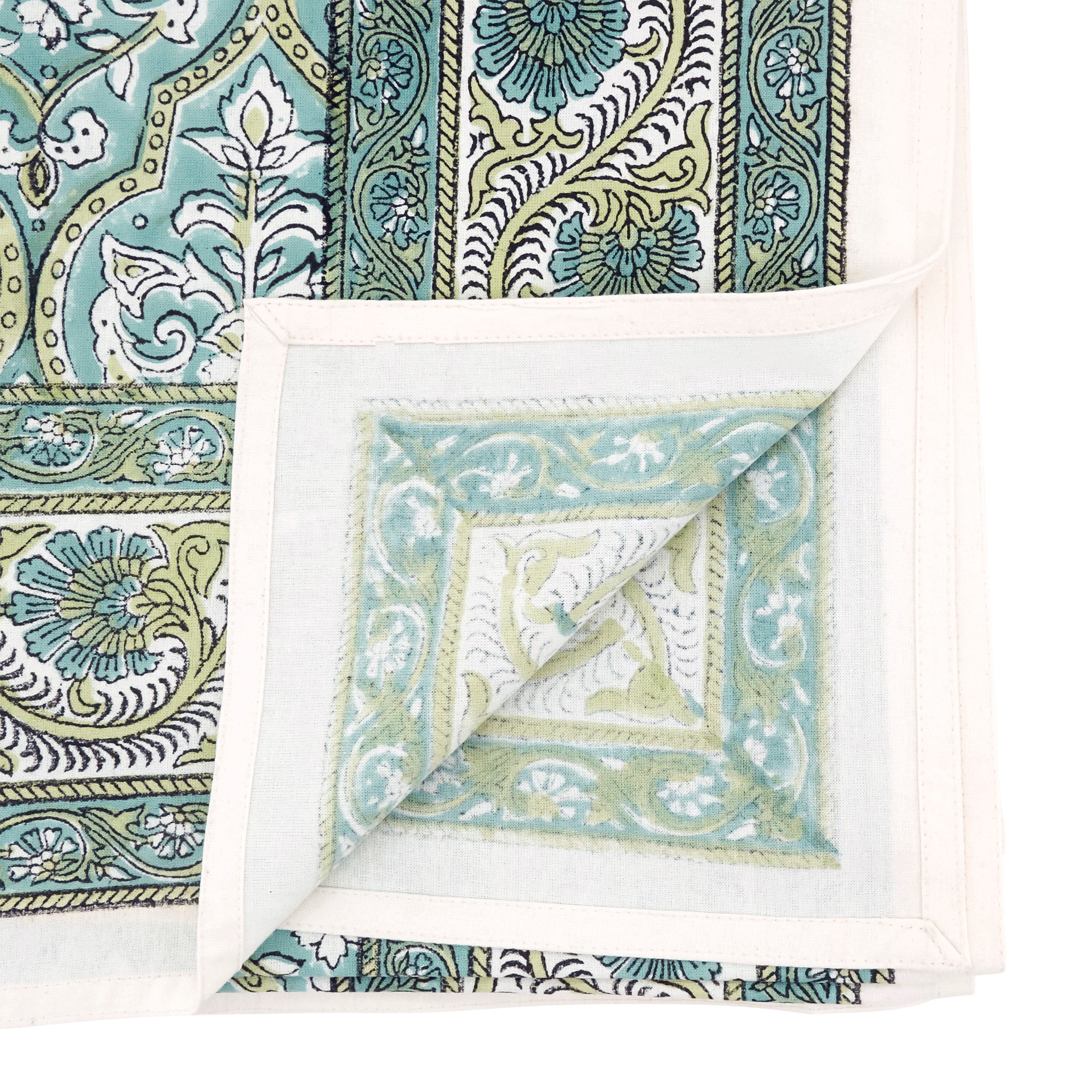 Ornate Floral Border Cotton Tablecloth with Traditional Motif & Decorative Edge Detail